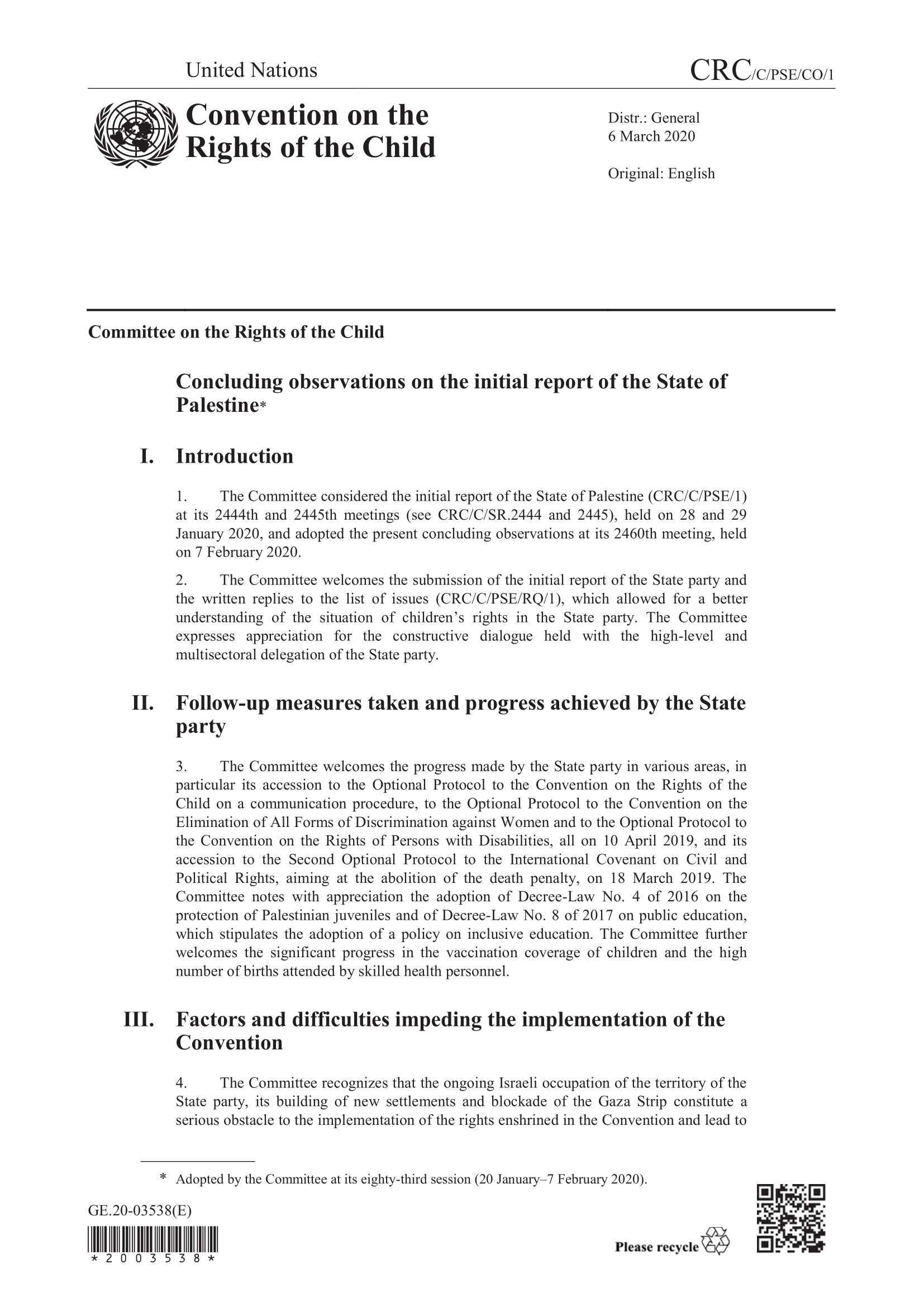 Concluding observations on the initial report of the State of Palestine (CRC)