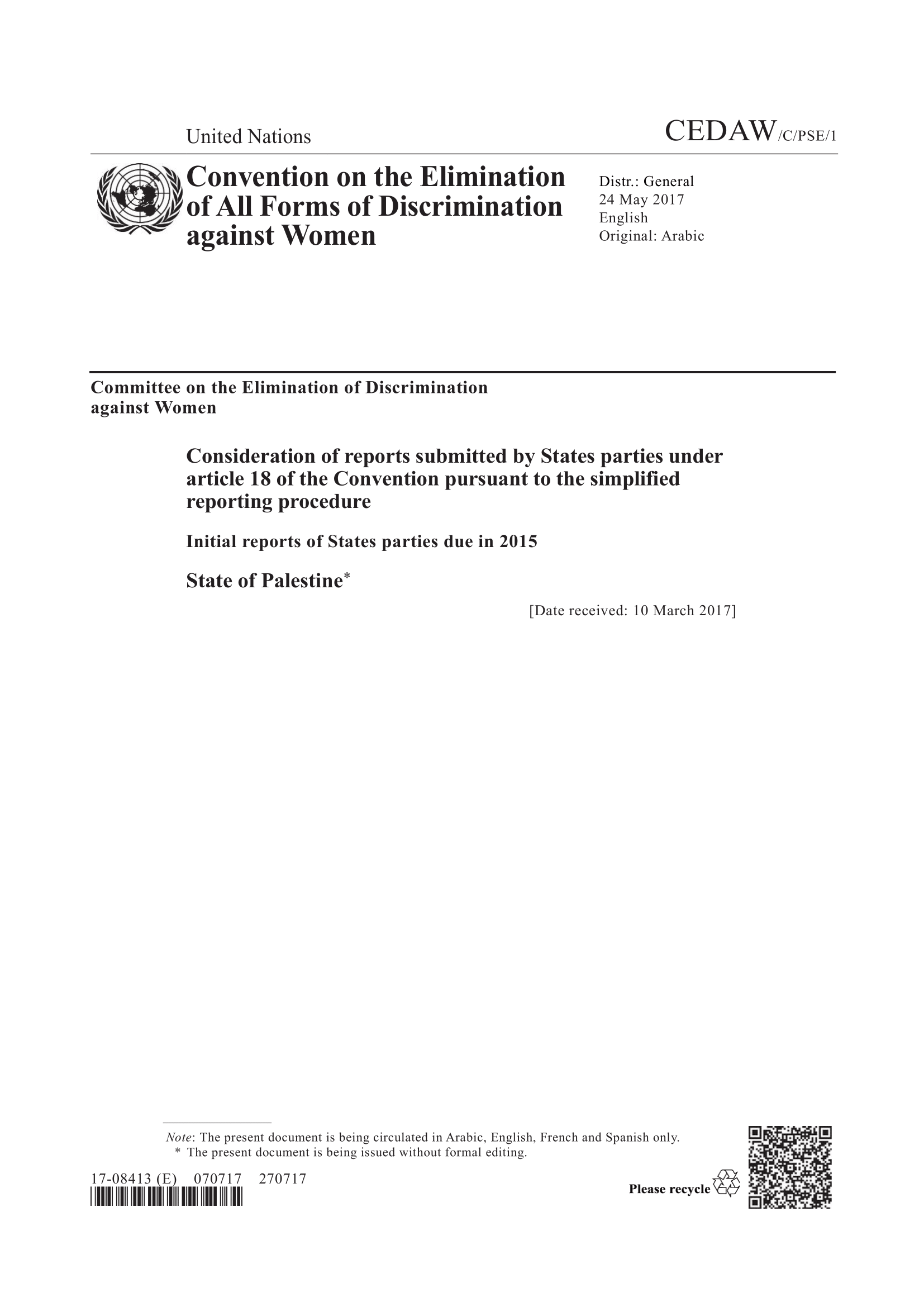 Initial report submitted by Palestine under article 18 of the Convention in 2015 (CEDAW)