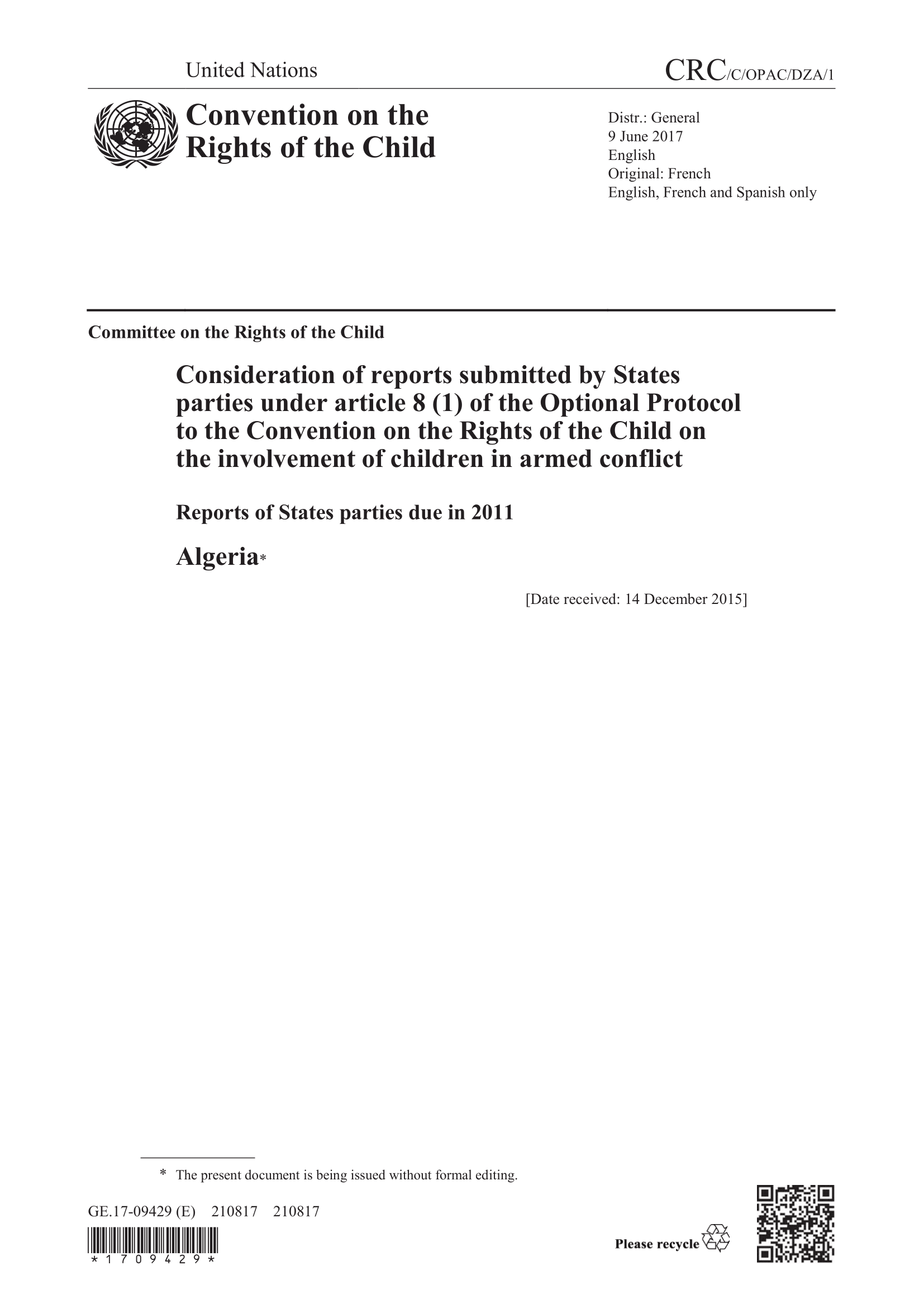 Consideration of reports submitted by Algeria under article 8 (1) of the Optional Protocol to the Convention on the Rights of the Child (CRC) on the involvement of children in armed conflict