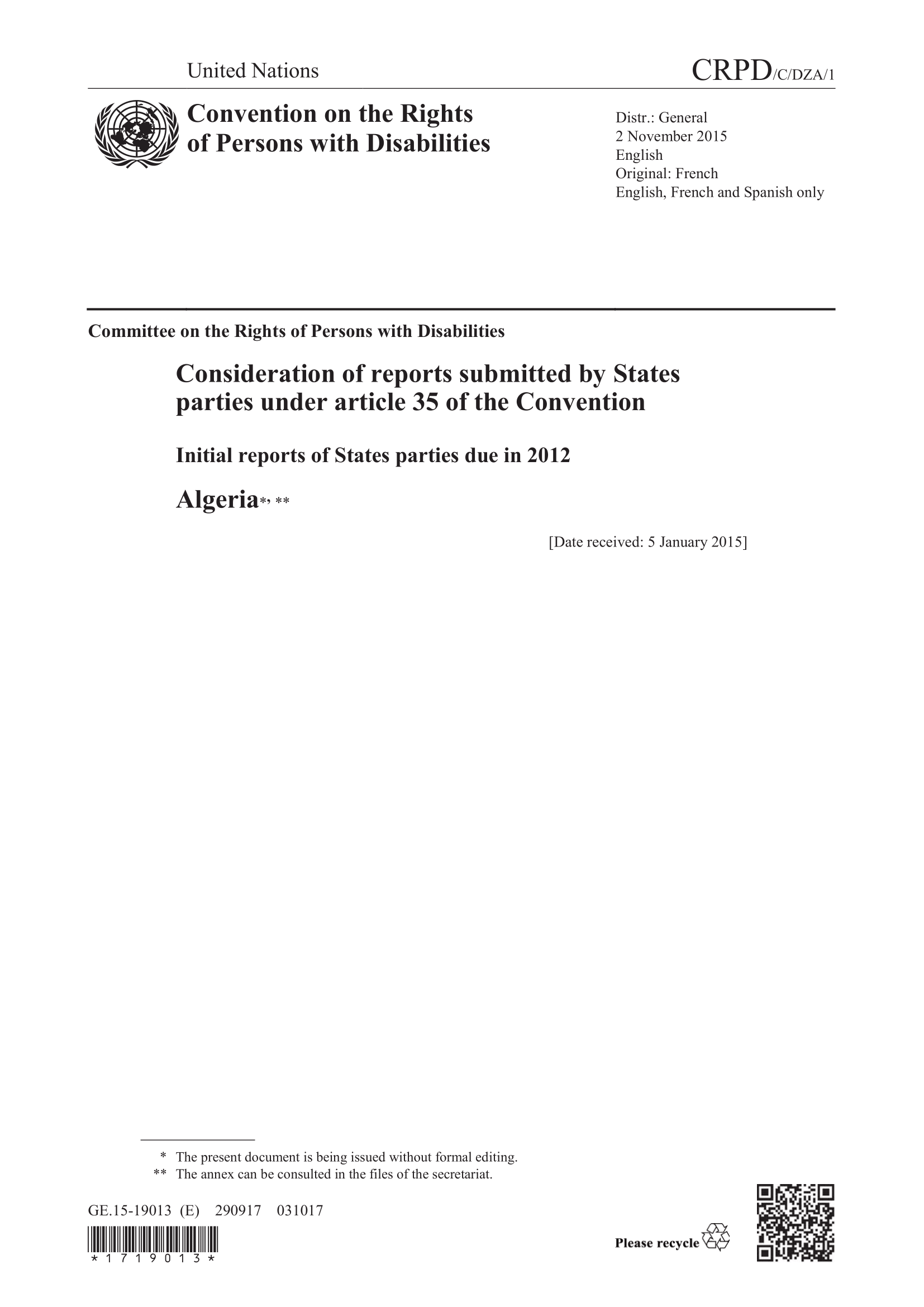 Consideration of the initial report submitted by Algeria under article 35 of the Convention (CRPD)