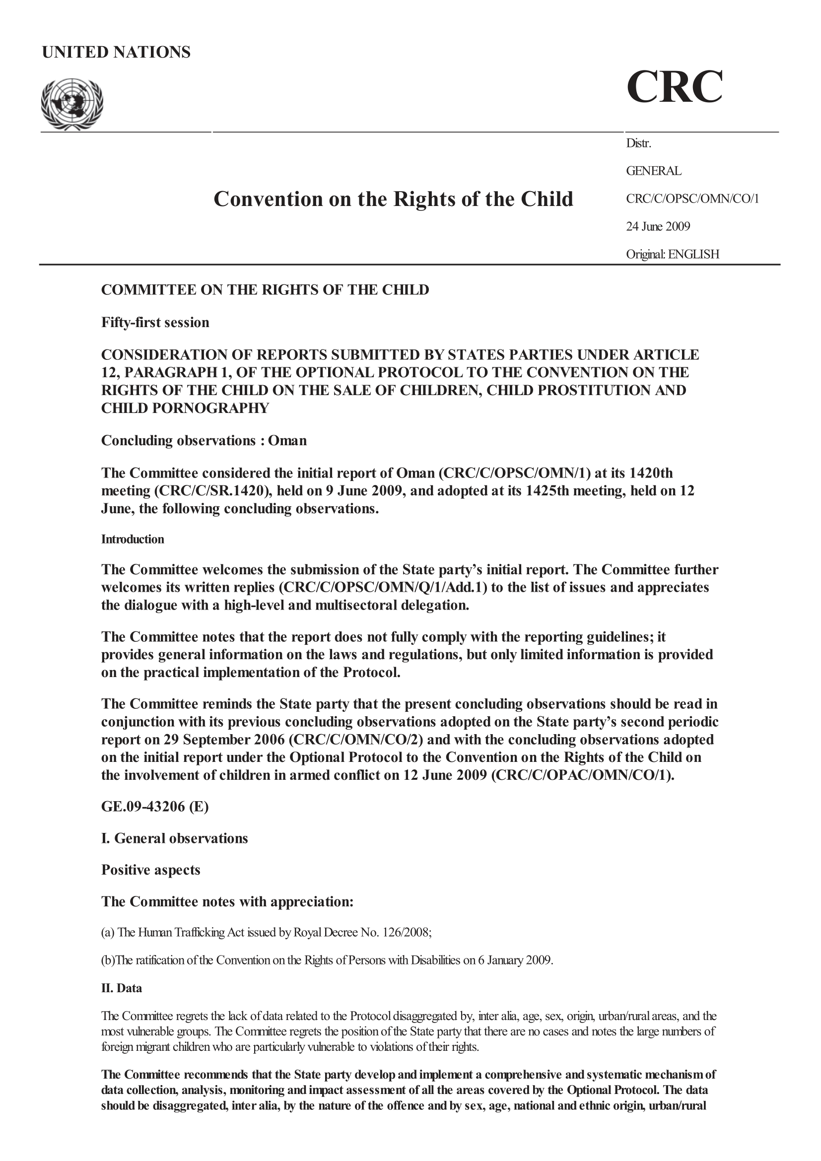 Concluding observations on the initial report submitted by Oman under article 12(1) of the Optional Protocol to the Convention on the Rights of the Child on the sale of children, child prostitution and child pornography