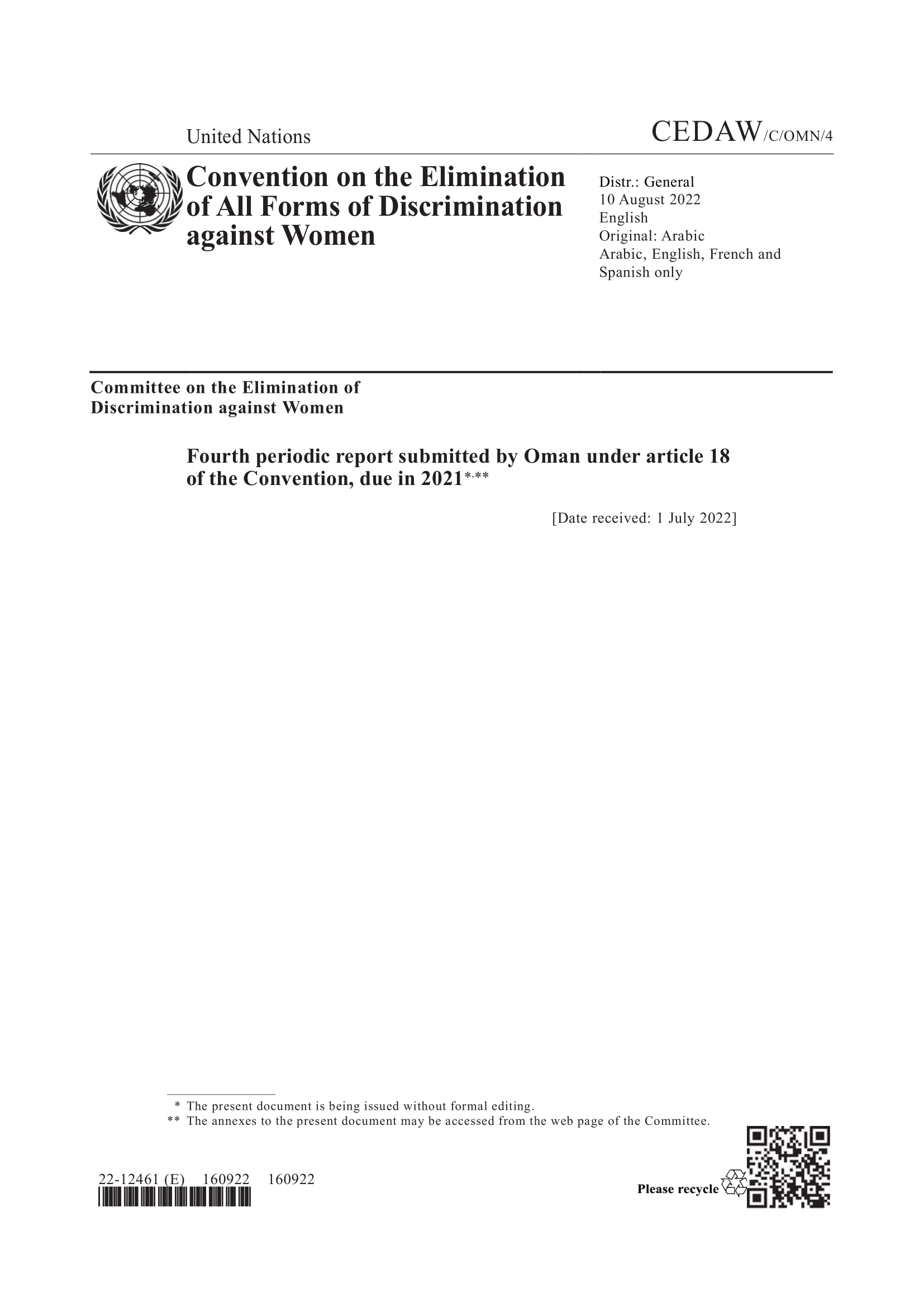 Fourth periodic report submitted by Oman under article 18 of the Convention, in 2021 (CEDAW)