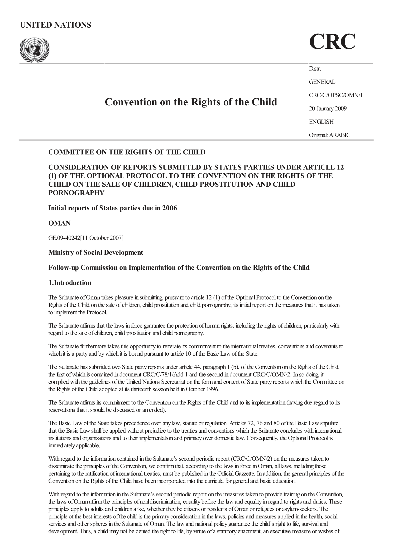 Consideration of the initial report submitted by Oman under article 12(1) of the Optional Protocol to the Convention on the Rights of the Child on the sale of children, child prostitution and child pornography