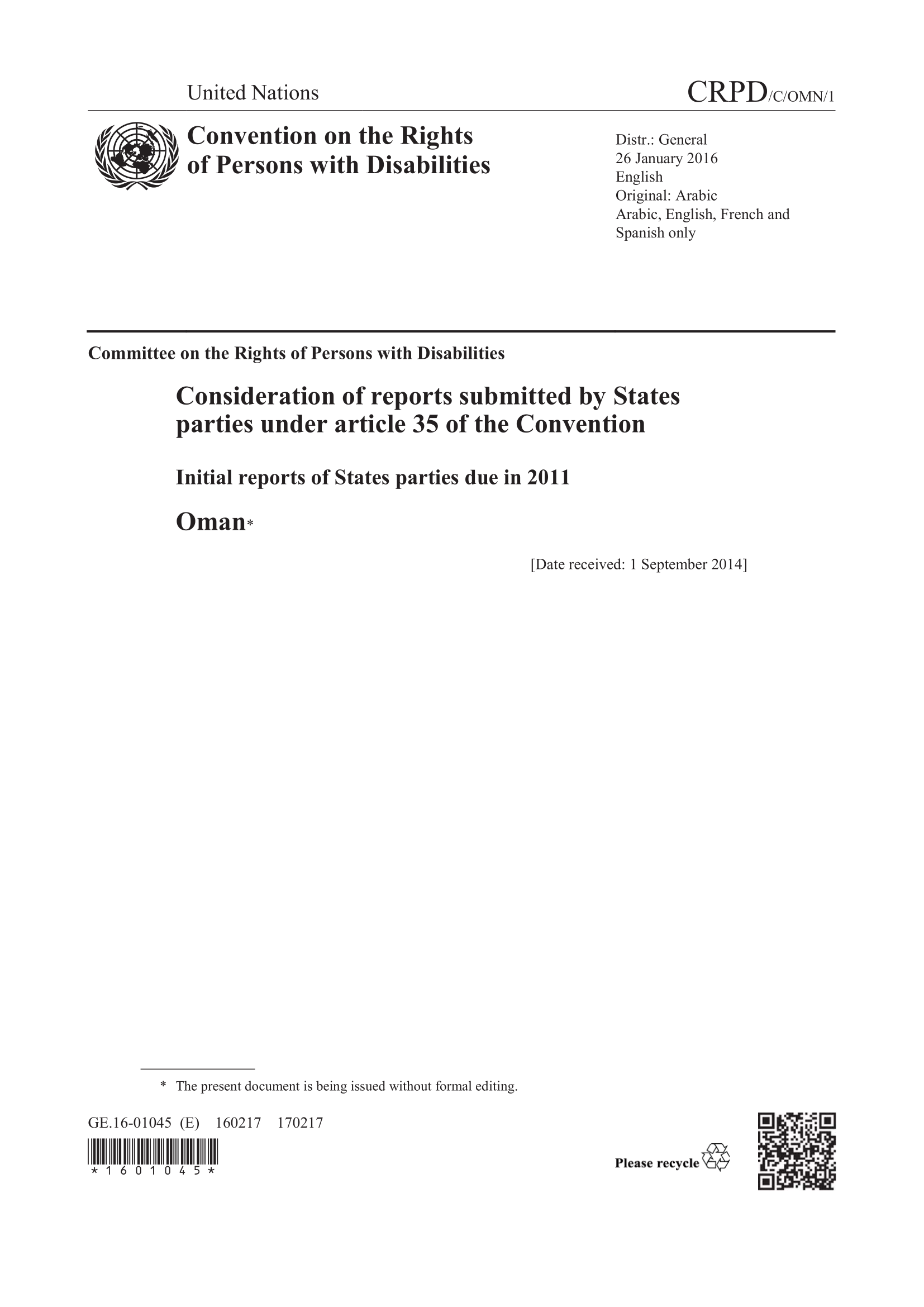 Initial report submitted by Oman under article 35 of the Convention in 2015 (CRPD)