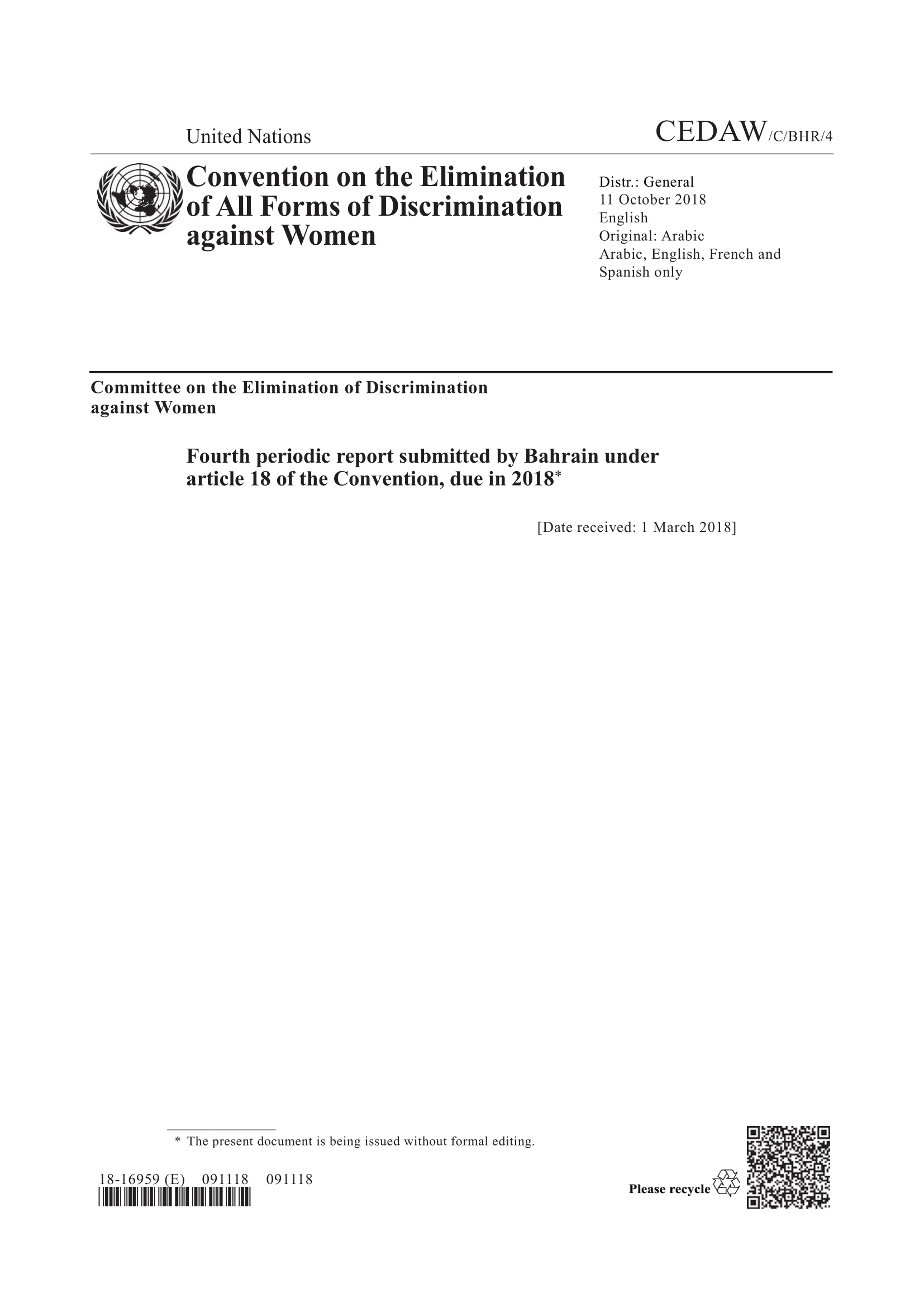 Fourth periodic report submitted by Bahrain under article 18 of the Convention (CEDAW)