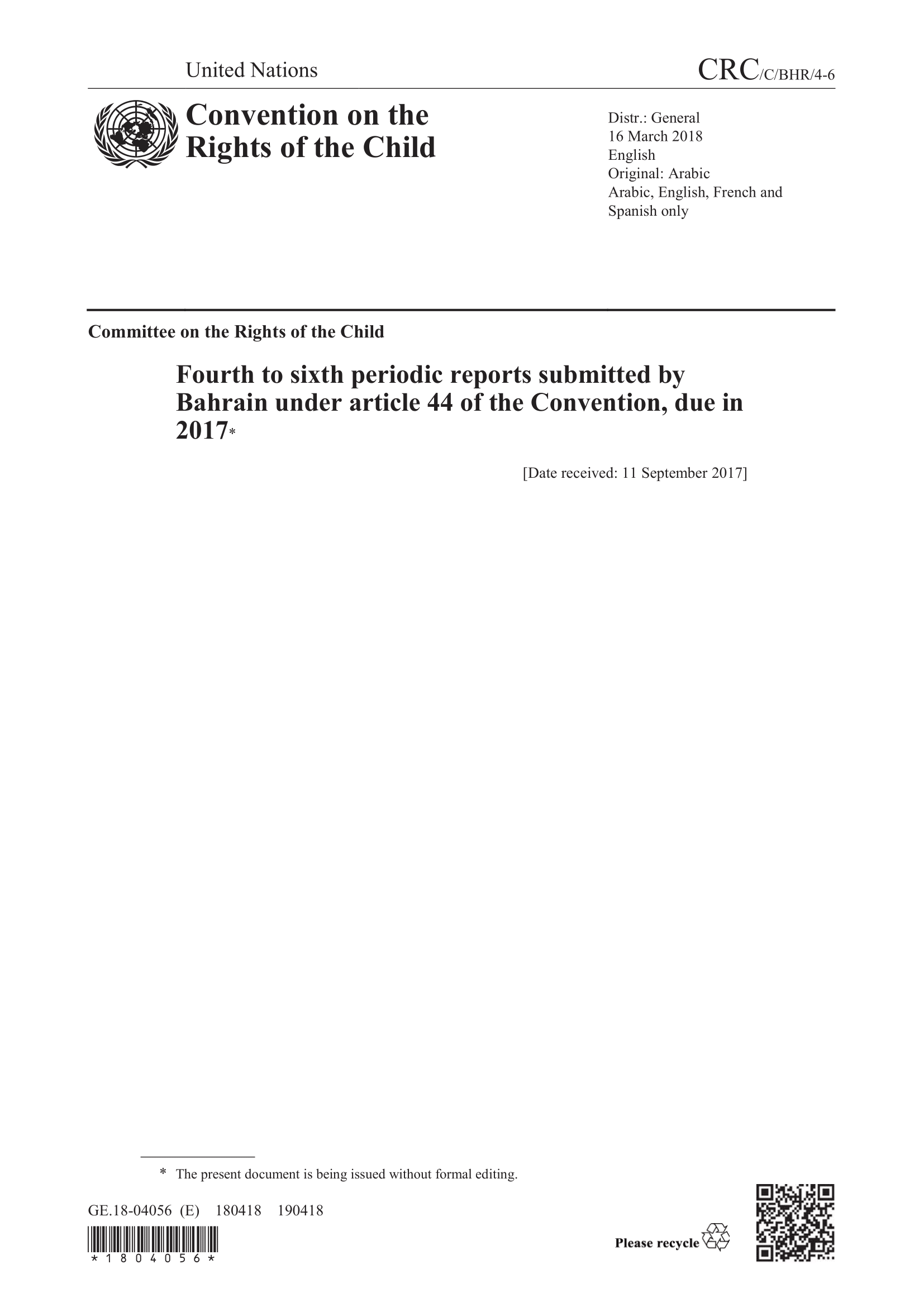 Fourth to sixth periodic reports submitted by Bahrain under article 44 of the Convention on the Rights of the Child