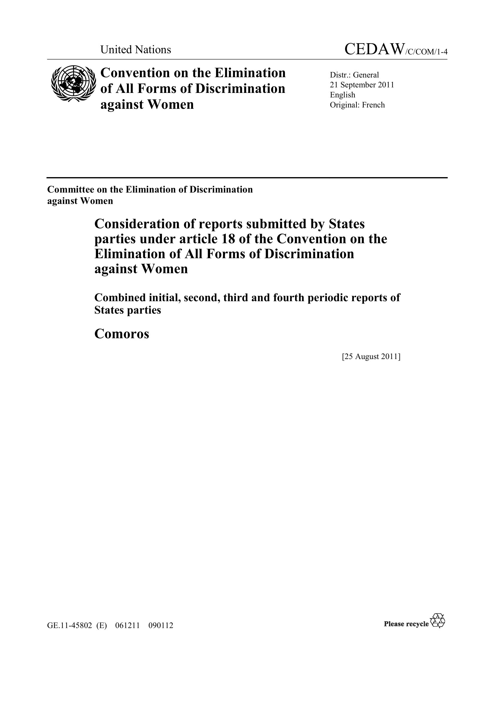 Combined initial, second, third and fourth periodic reports submitted by Comoros under article 18 of the CEDAW convention