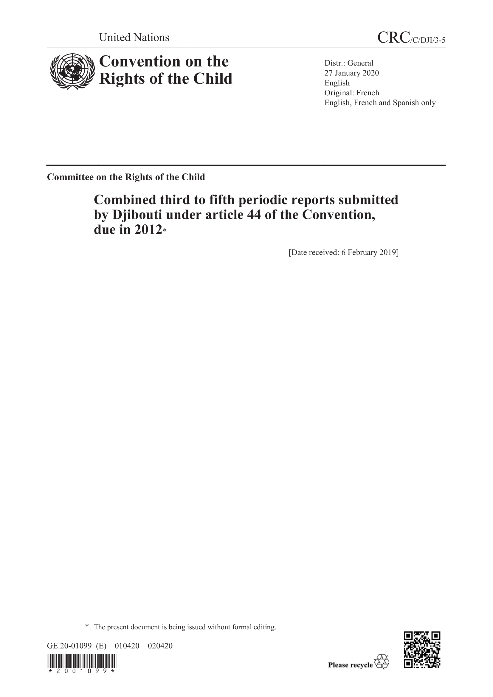 Consideration of the combined third to fifth periodic reports submitted by Djibouti under article 44 of the Convention (CRC)