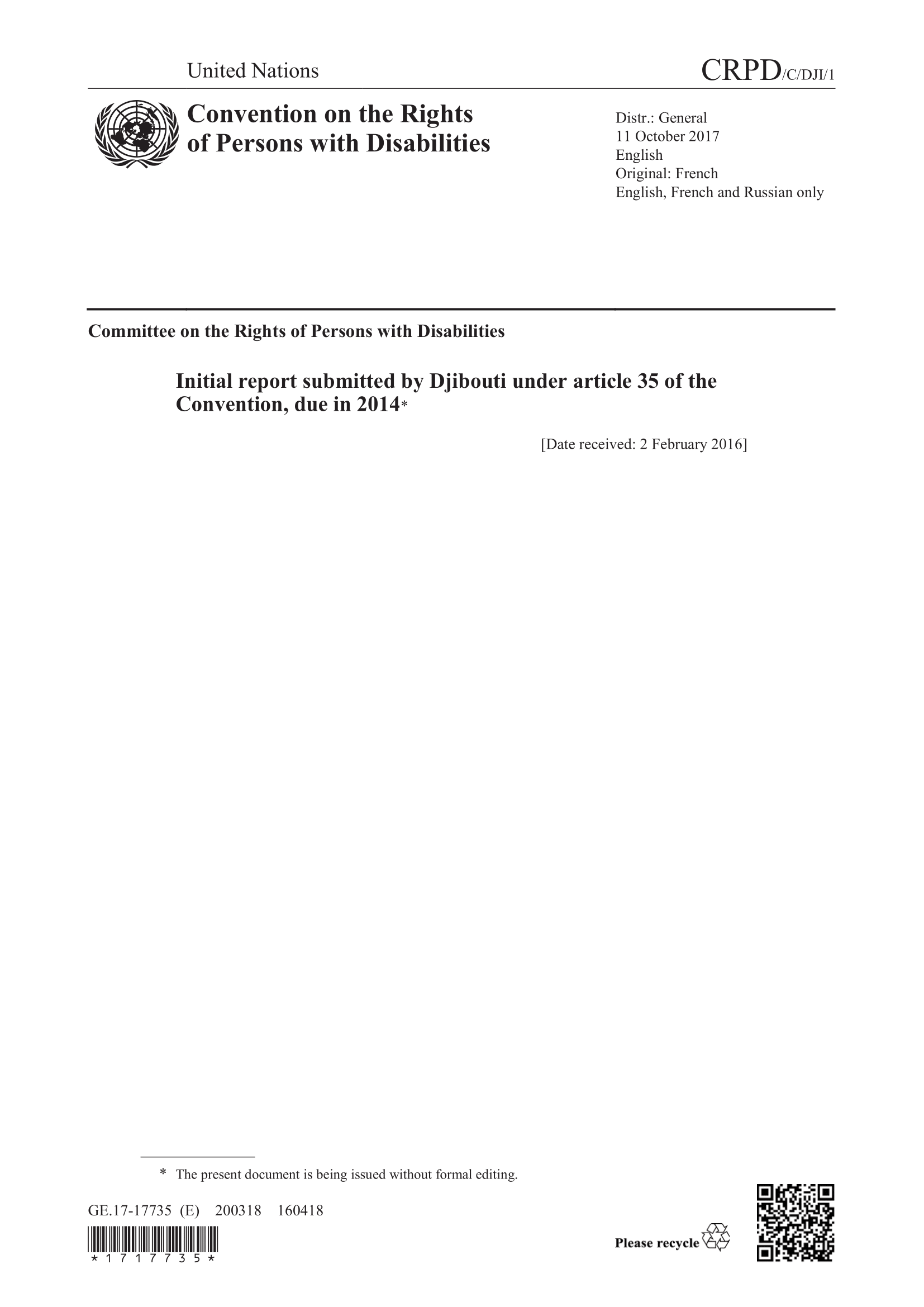 Consideration of the Initial report submitted by Djibouti under article 35 of the Convention (CRPD)