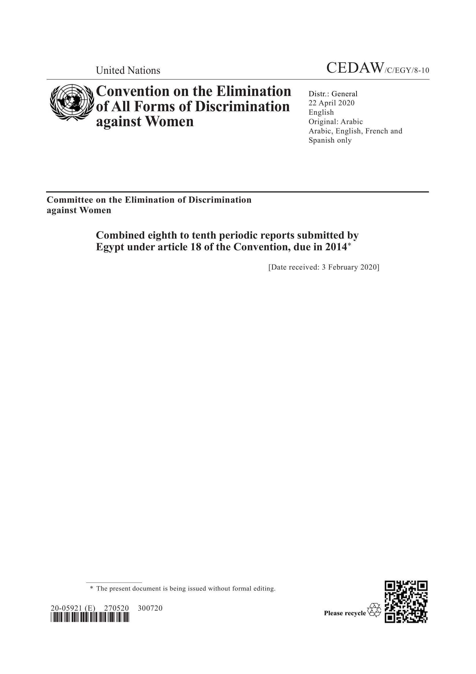 Combined eighth to tenth periodic reports submitted by Egypt under article 18 of the Convention (CEDAW)