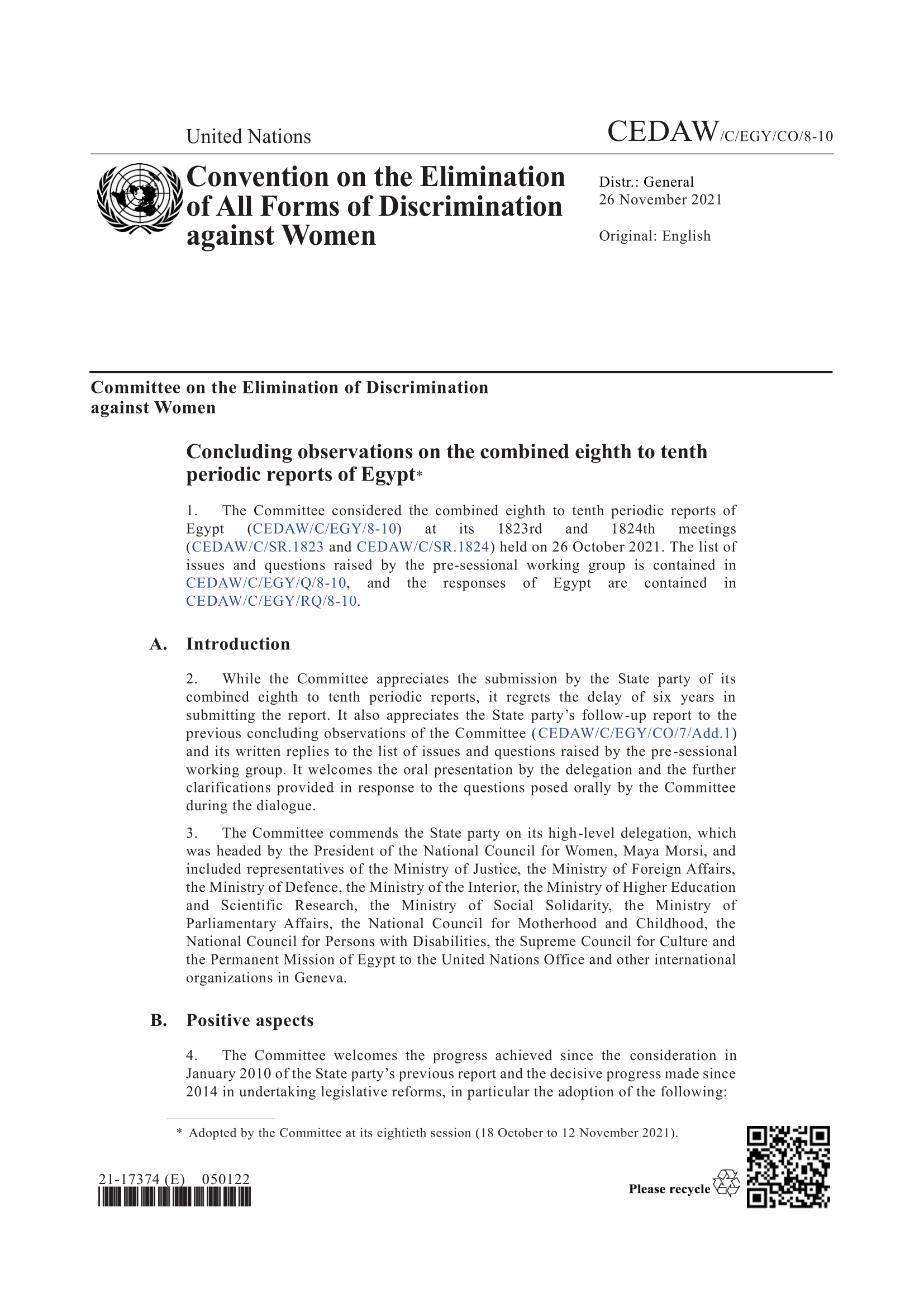 Concluding observations on the combined eighth to tenth periodic reports of Egypt (CEDAW)