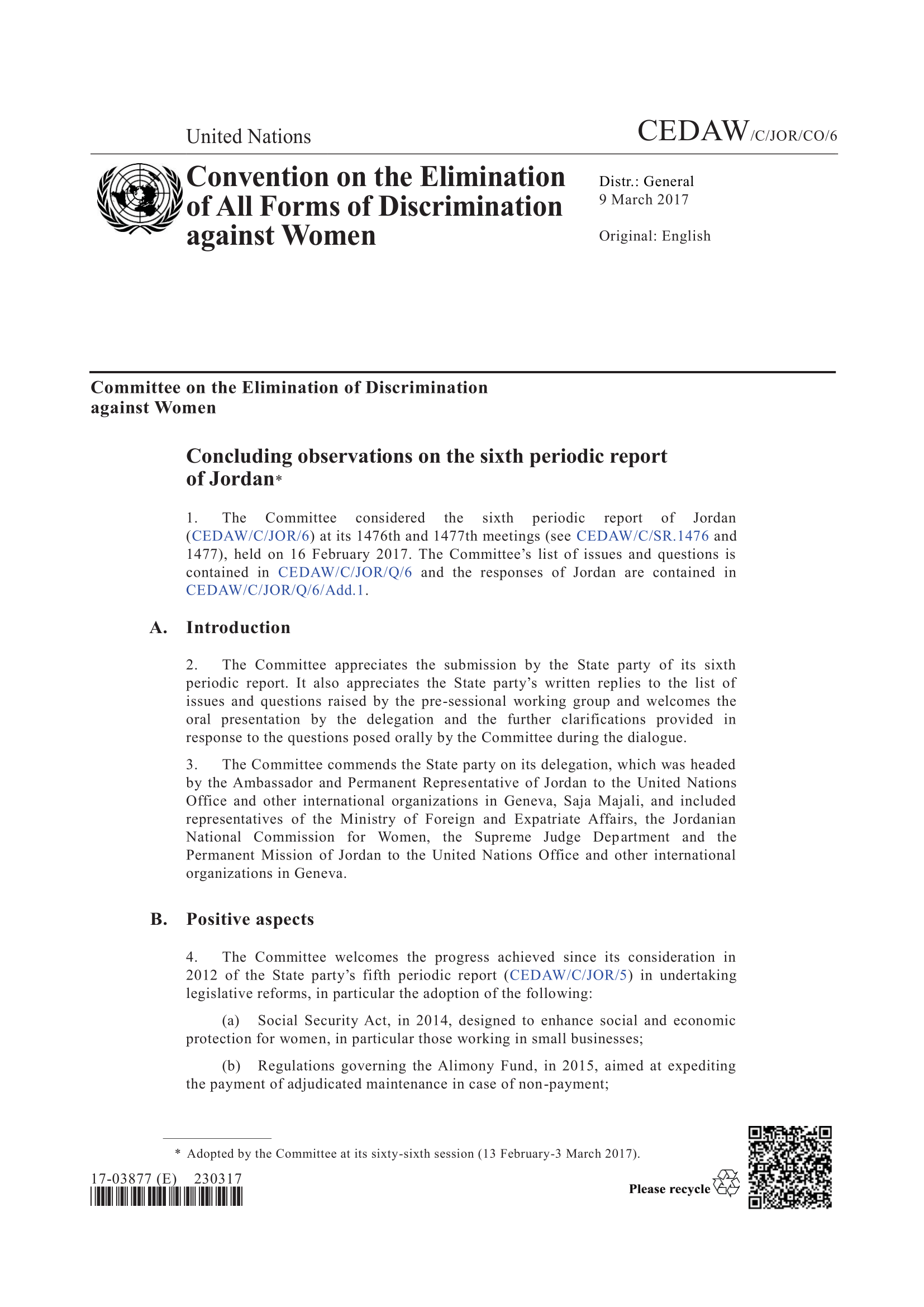 Concluding observations on the sixth periodic report of Jordan (CEDAW)