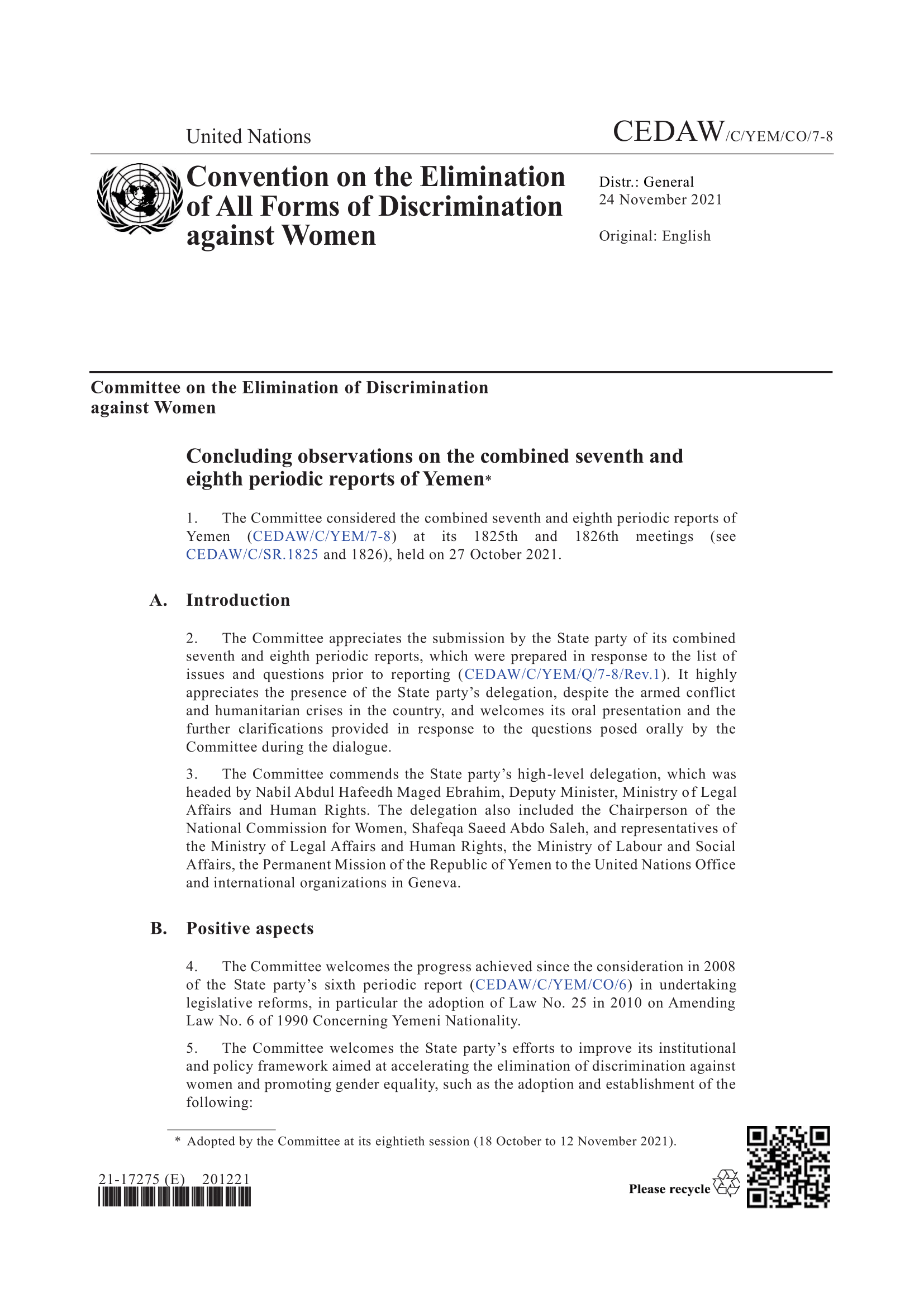 Concluding observations on the combined seventh and eighth periodic reports of Yemen (CEDAW)