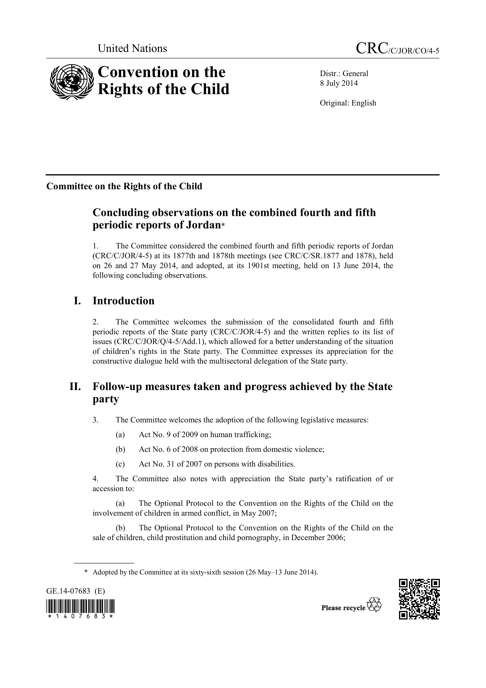 Concluding observations on the combined fourth and fifth periodic reports of Jordan (CRC)