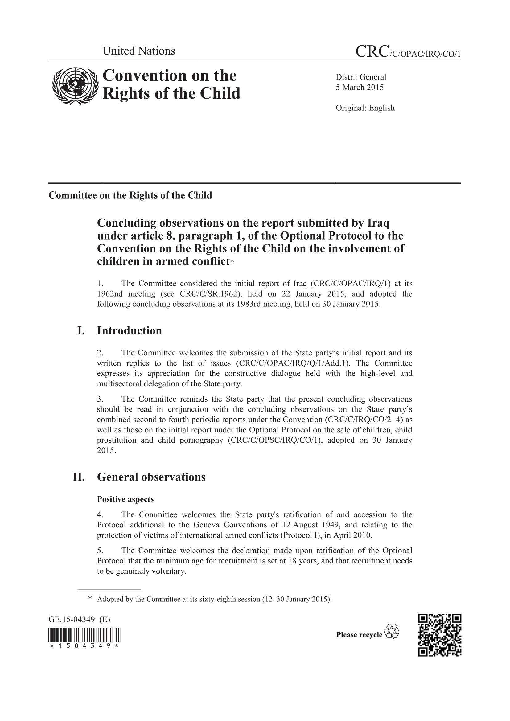 Concluding observations on the report submitted by Iraq under article 8, paragraph 1, of the Optional Protocol to the Convention on the Rights of the Child on the involvement of children in armed conflict