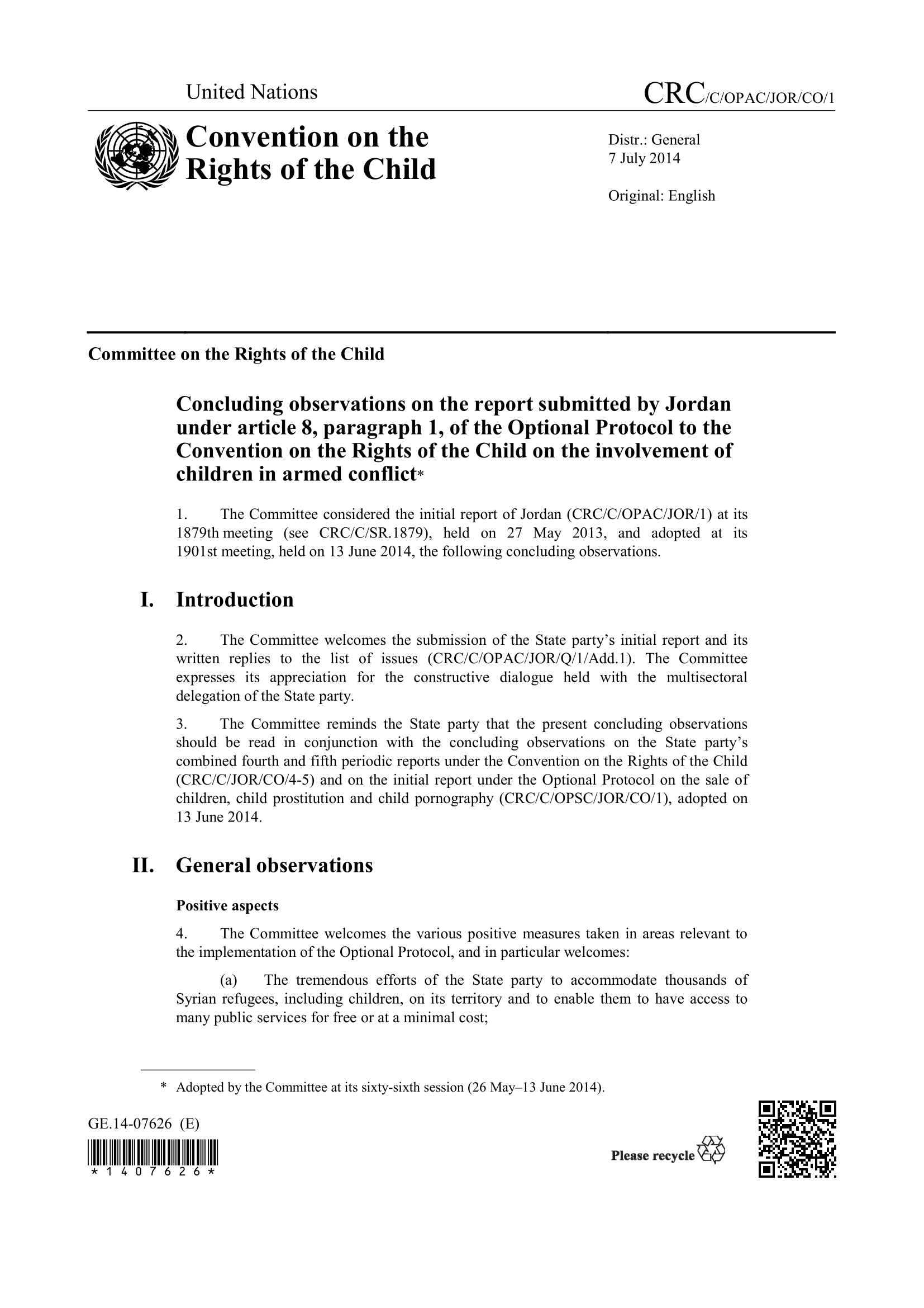 Concluding observations on the initial report submitted by Jordan under article 8 of the Optional Protocol to the Convention on the Rights of the Child on the involvement of children in armed conflict