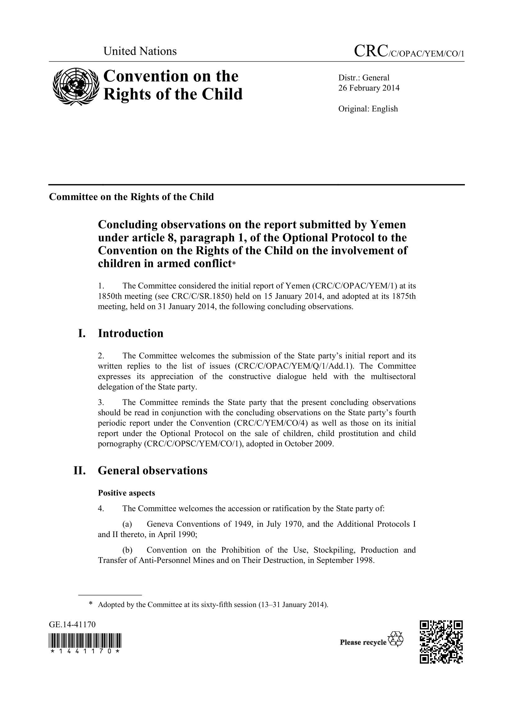 Concluding observations on the initial report submitted by Yemen under article 8 of the Optional Protocol to the Convention on the Rights of the Child on the involvement of children in armed conflict