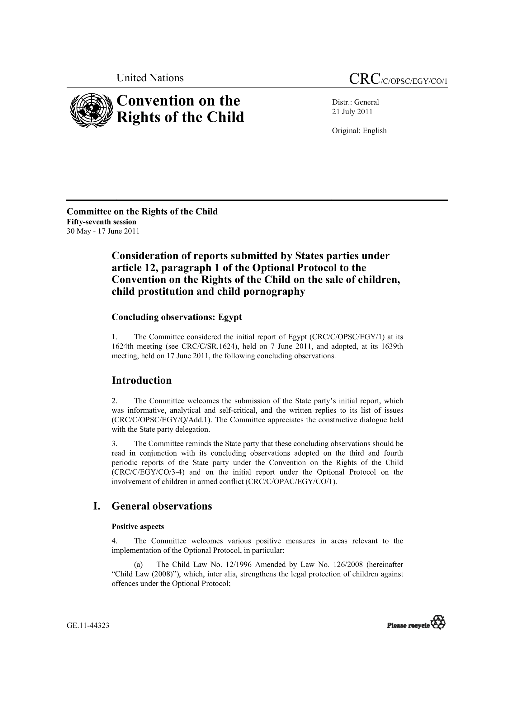 Concluding observations on the initial report submitted by Egypt under article 12(1) of the Optional Protocol to the Convention on the Rights of the Child on the sale of children, child prostitution and child pornography