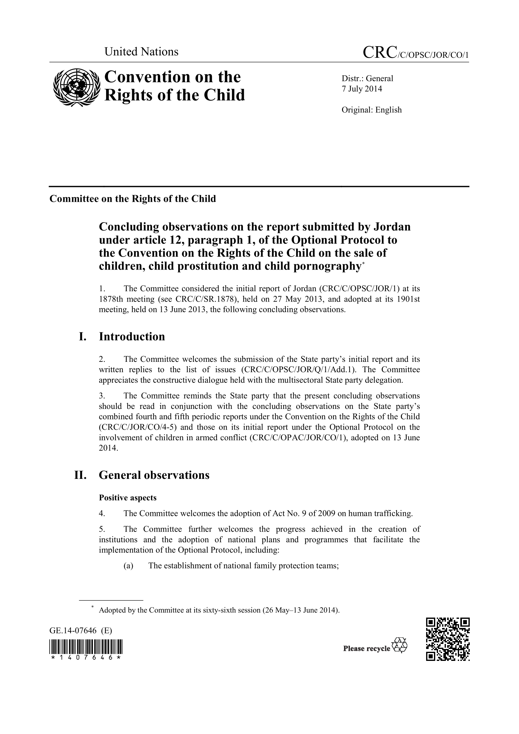 Concluding observations on the initial report submitted by Jordan under article 12(1) of the Optional Protocol to the Convention on the Rights of the Child on the sale of children, child prostitution and child pornography