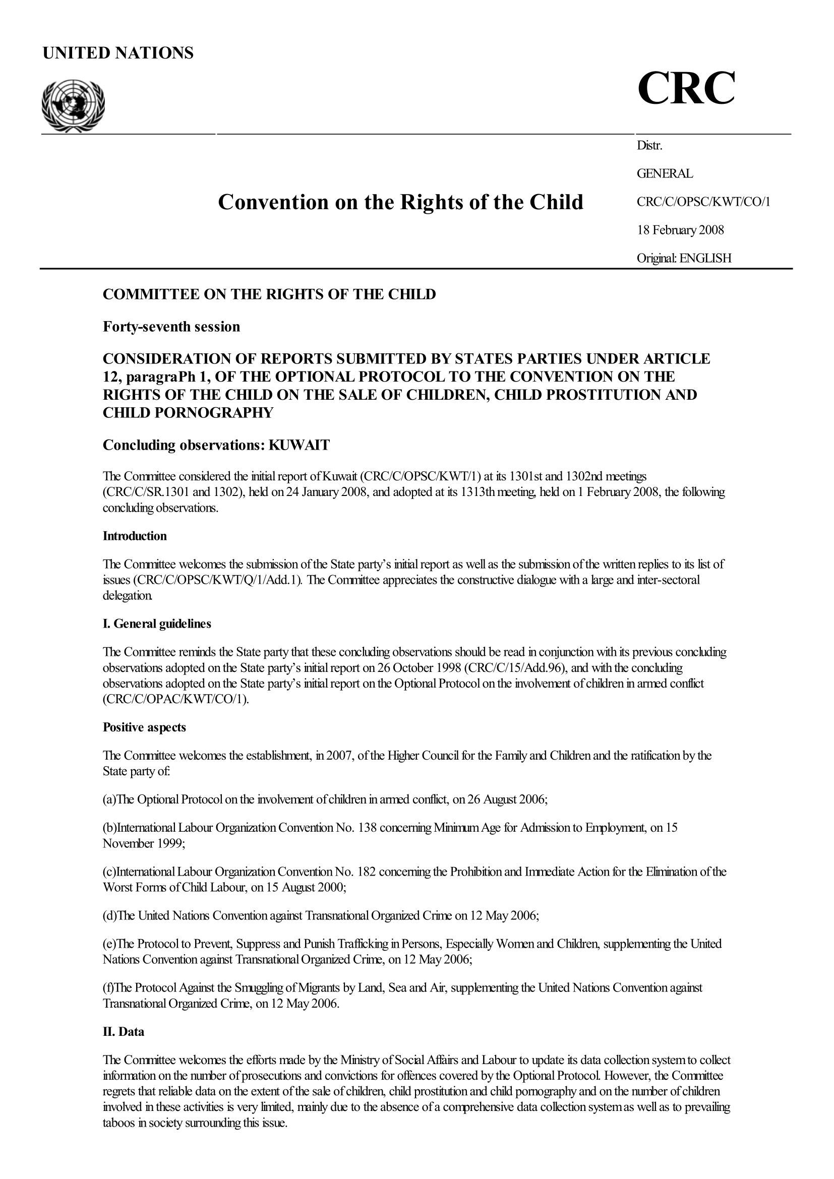 Concluding observations on the initial report submitted by Kuwait under article 12(1) of the Optional Protocol to the Convention on the Rights of the Child on the sale of children, child prostitution and child pornography