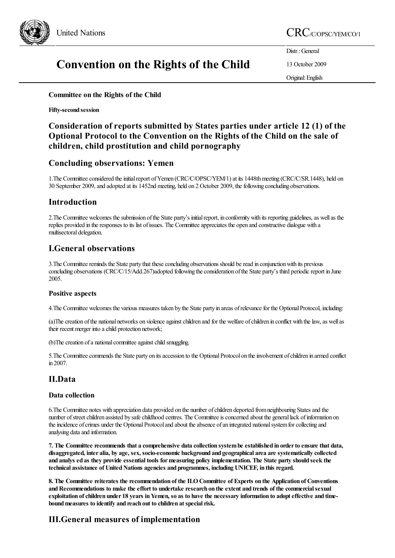 Concluding observations on the initial report submitted by Yemen under article 12(1) of the Optional Protocol to the Convention on the Rights of the Child on the sale of children, child prostitution and child pornography