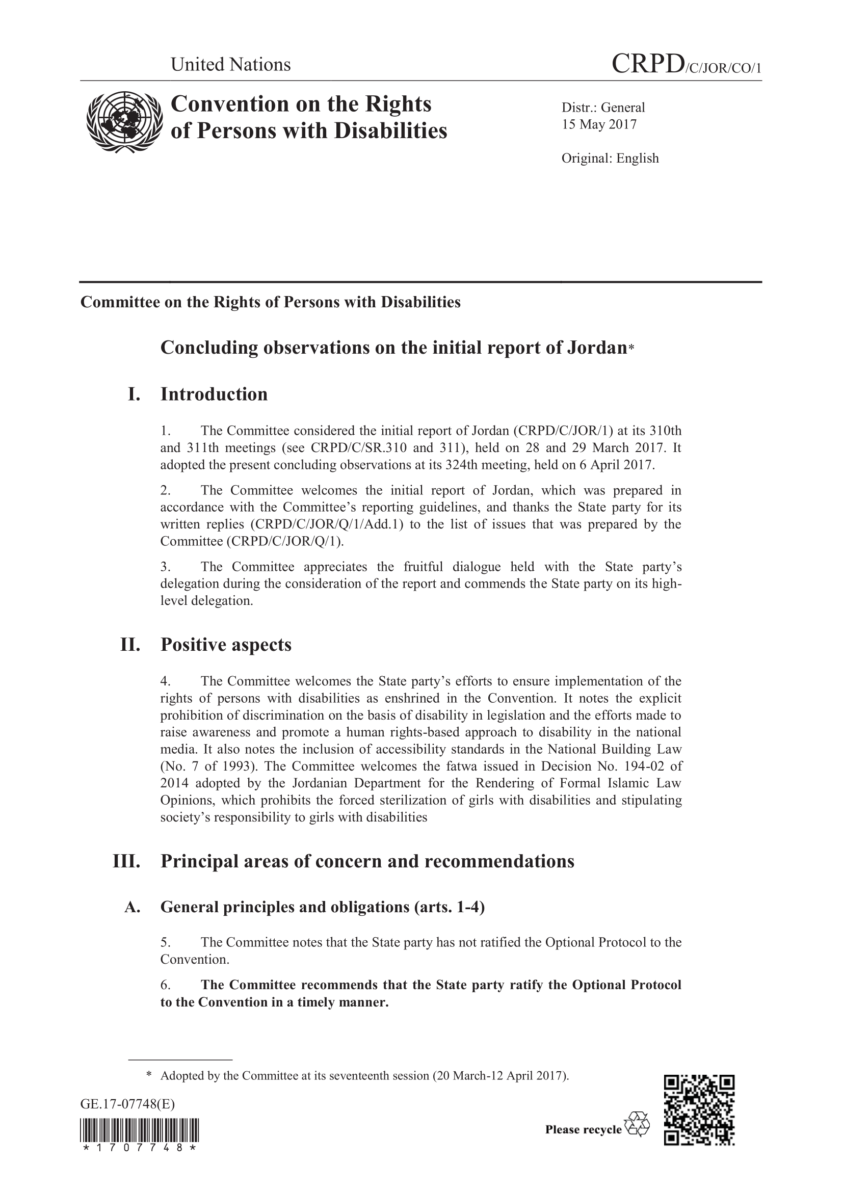 Concluding observations on the initial report of Jordan (CRPD)