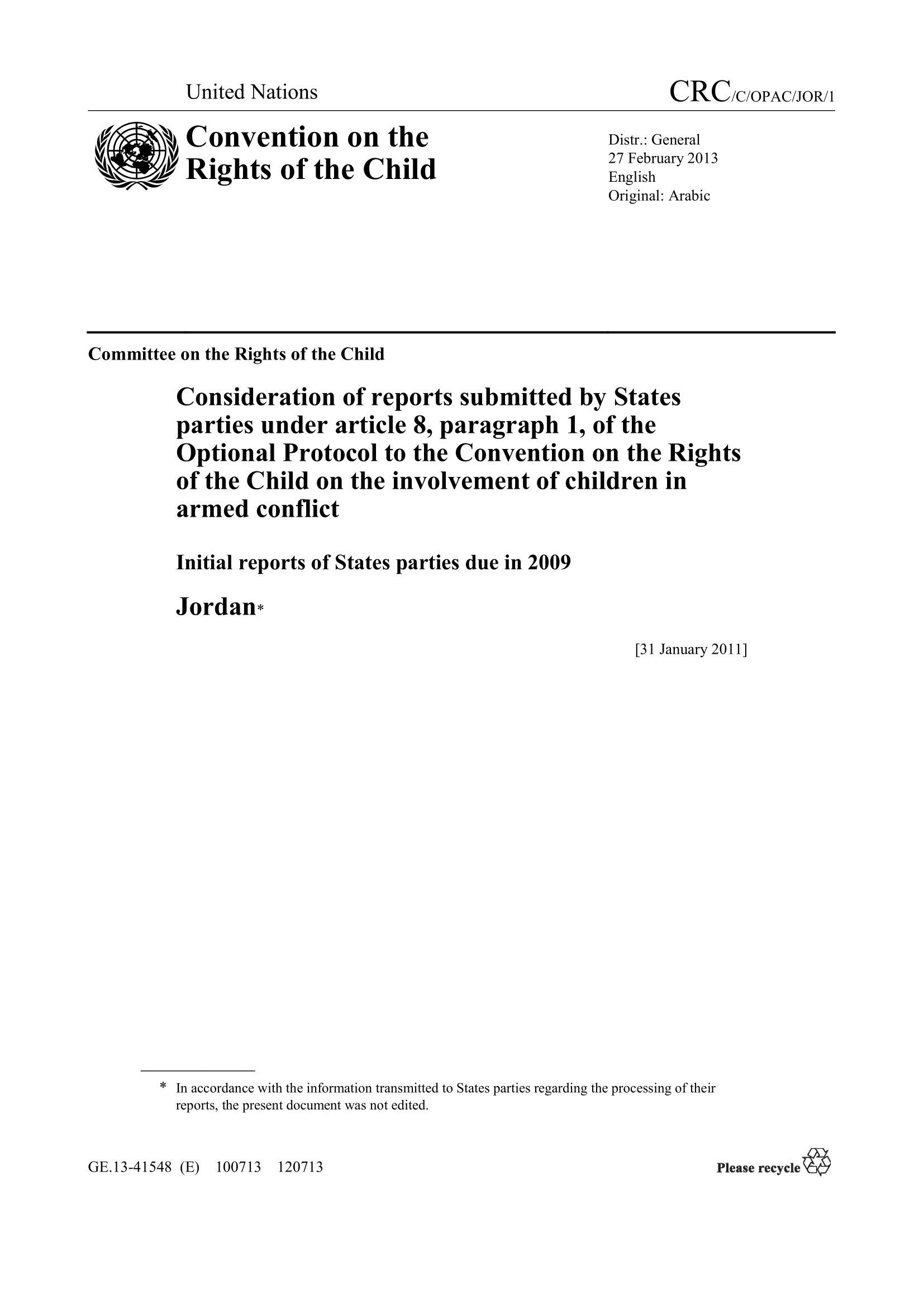 Consideration of the initial report submitted by Jordan under article 8 of the Optional Protocol to the Convention on the Rights of the Child on the involvement of children in armed conflict