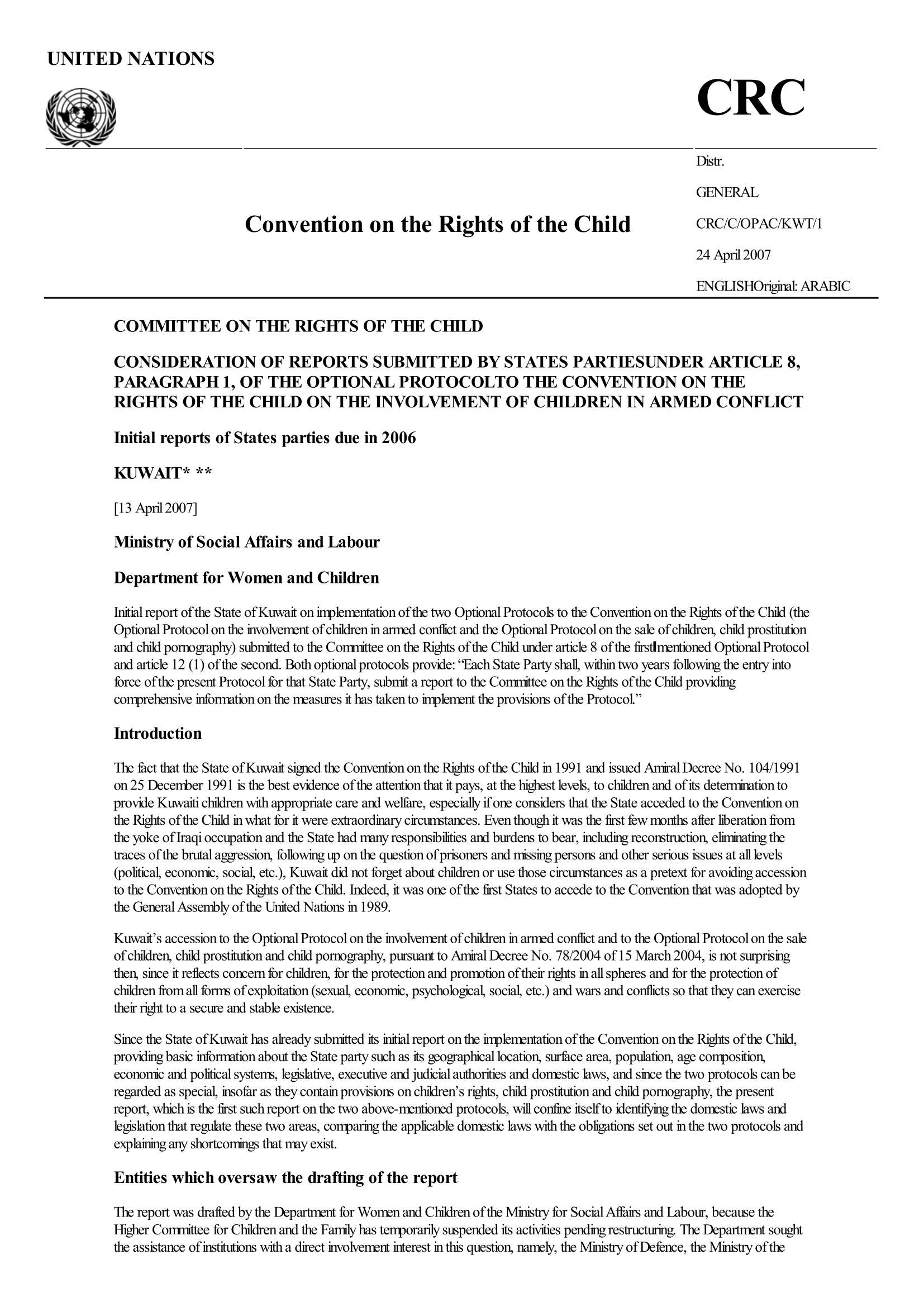 Consideration of the initial report submitted by Kuwait under article 8 of the Optional Protocol to the Convention on the Rights of the Child on the involvement of children in armed conflict