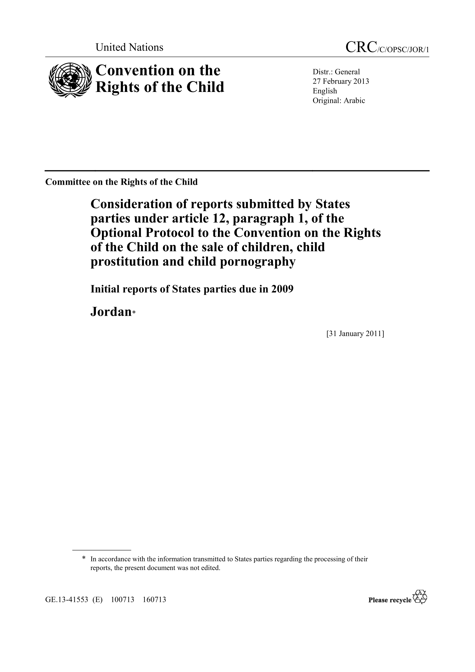 Consideration of the initial report submitted by Jordan under article 12(1) of the Optional Protocol to the Convention on the Rights of the Child on the sale of children, child prostitution and child pornography