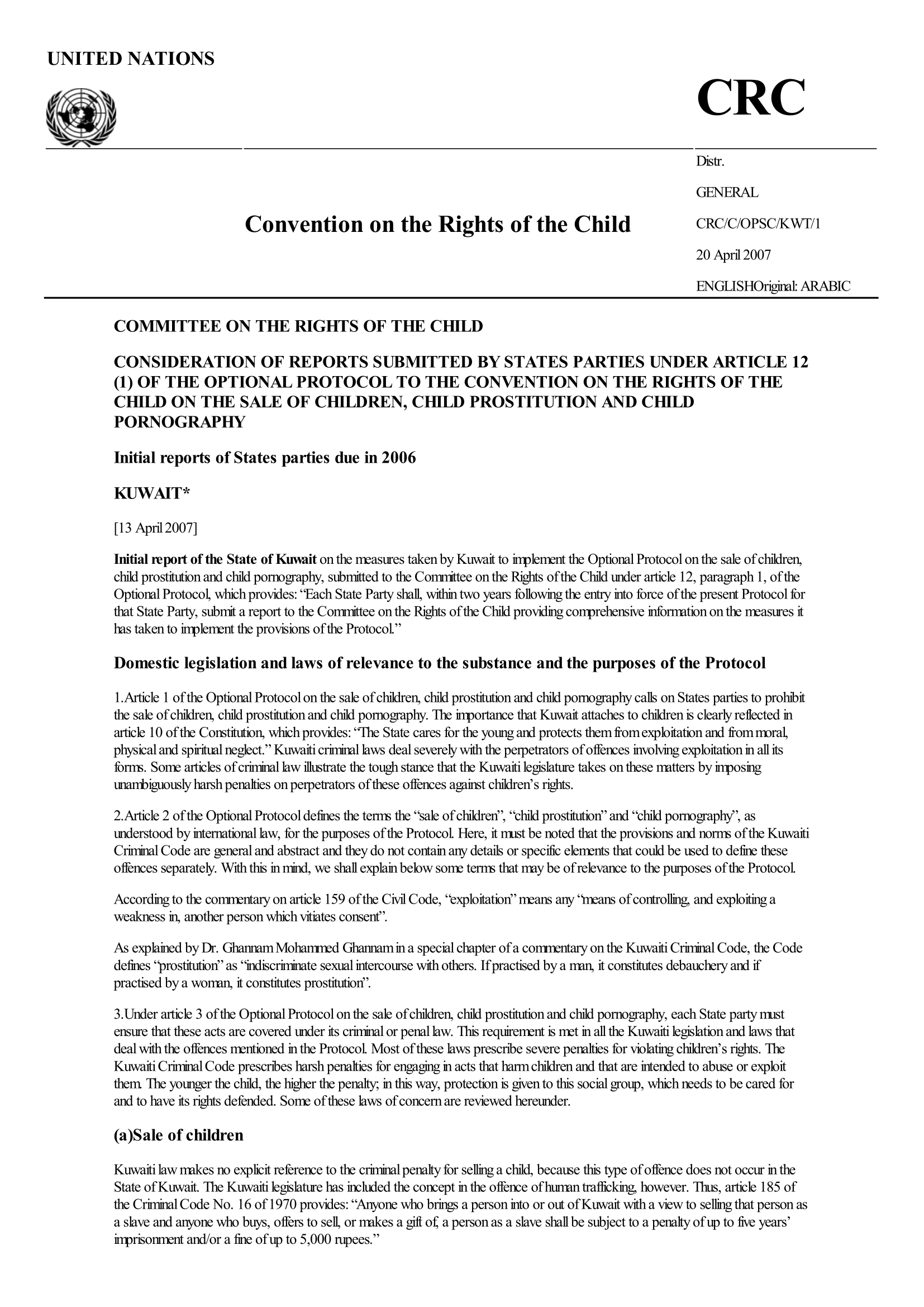 Consideration of the initial report submitted by Kuwait under article 12(1) of the Optional Protocol to the Convention on the Rights of the Child on the sale of children, child prostitution and child pornography