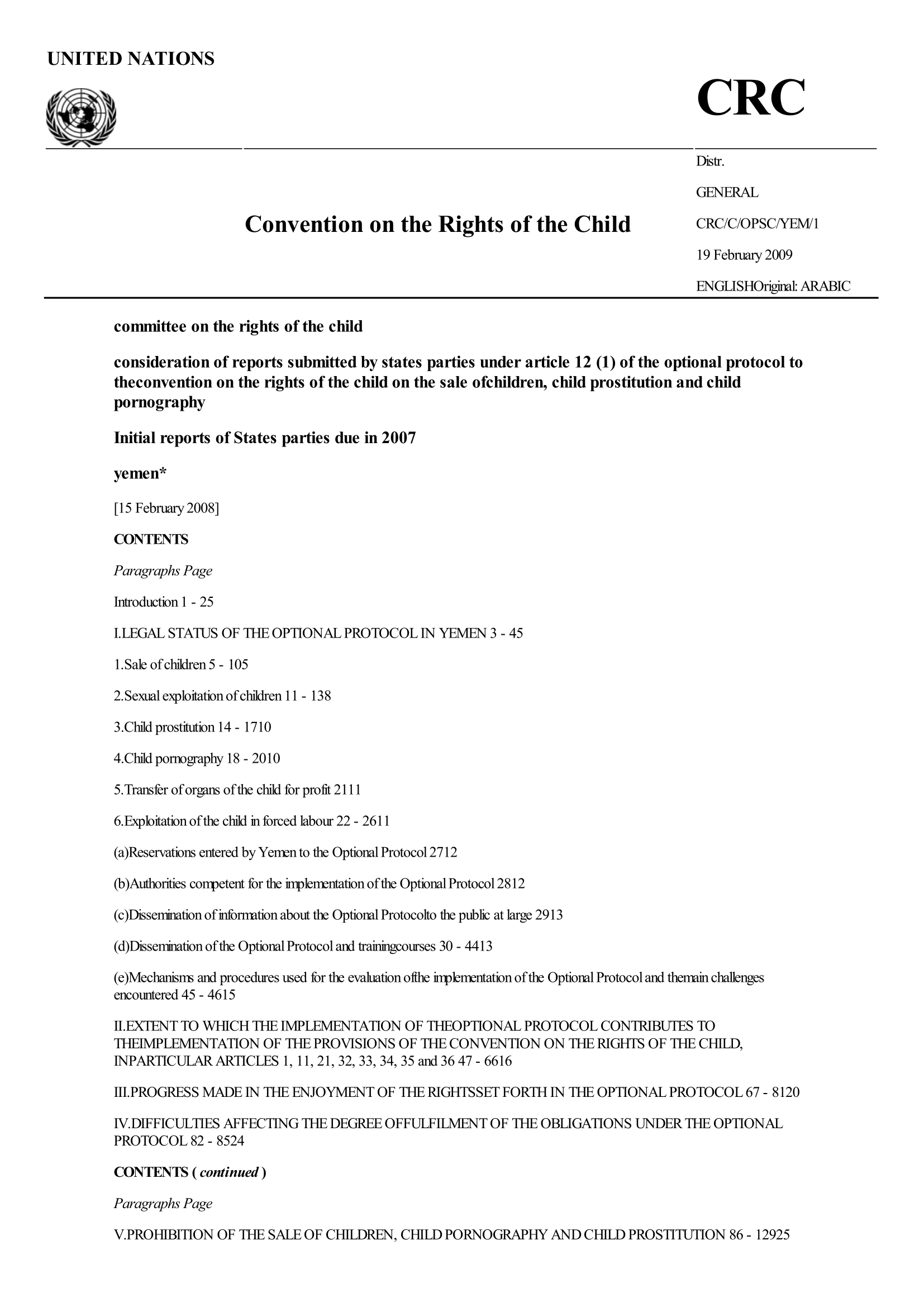 Initial report submitted by Yemen under article 12(1) of the Optional Protocol to the Convention on the Rights of the Child on the sale of children, child prostitution and child pornography