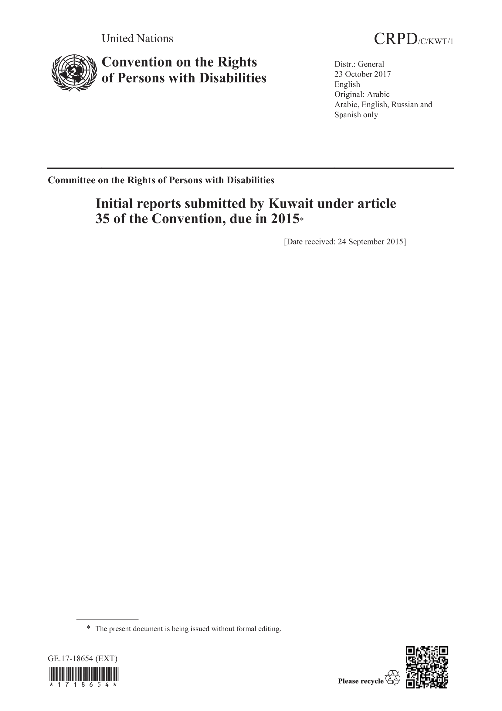 Initial reports submitted by Kuwait under article 35 of the Convention (CRPD)