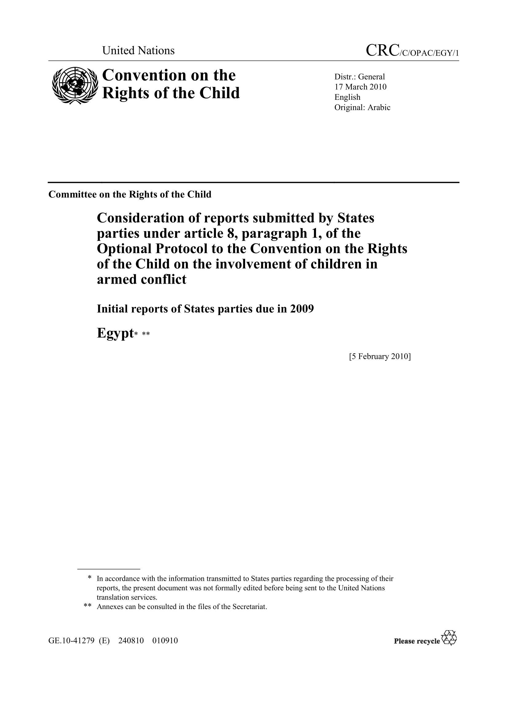 Consideration of the initial report submitted by Egypt under article 8 of the Optional Protocol to the Convention on the Rights of the Child on the involvement of children in armed conflict