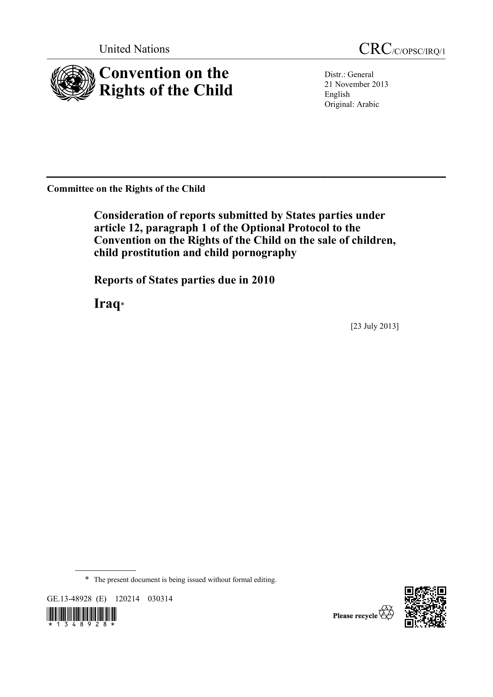 Consideration of reports submitted by Iraq under article 12, paragraph 1 of the Optional Protocol to the Convention on the Rights of the Child on the sale of children, child prostitution and child pornography