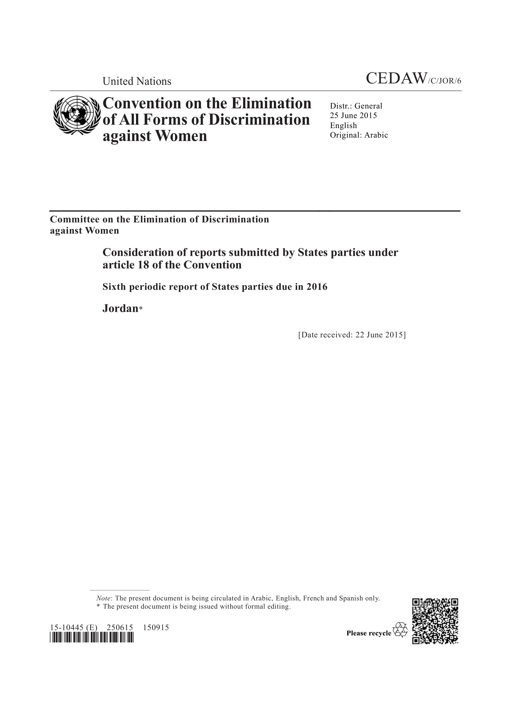 Sixth periodic report submitted by Jordan under article 18 of the Convention (CEDAW)