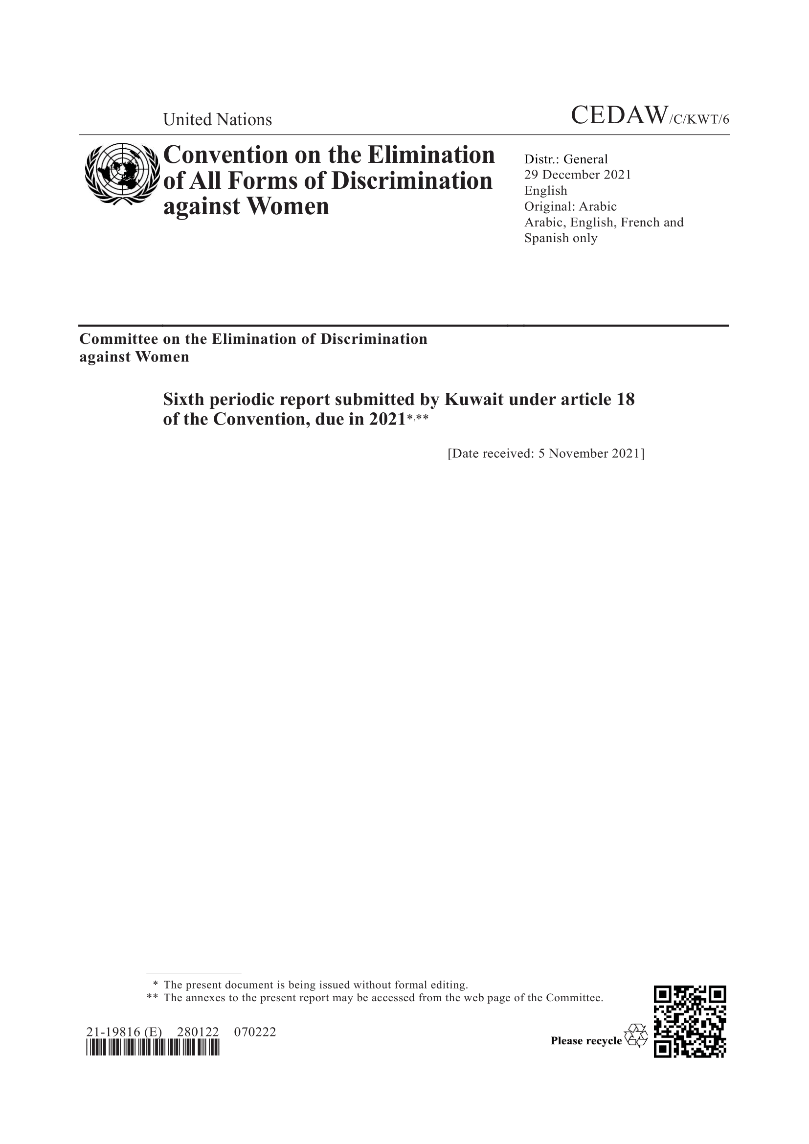 Sixth periodic report submitted by Kuwait under article 18 of the Convention (CEDAW)