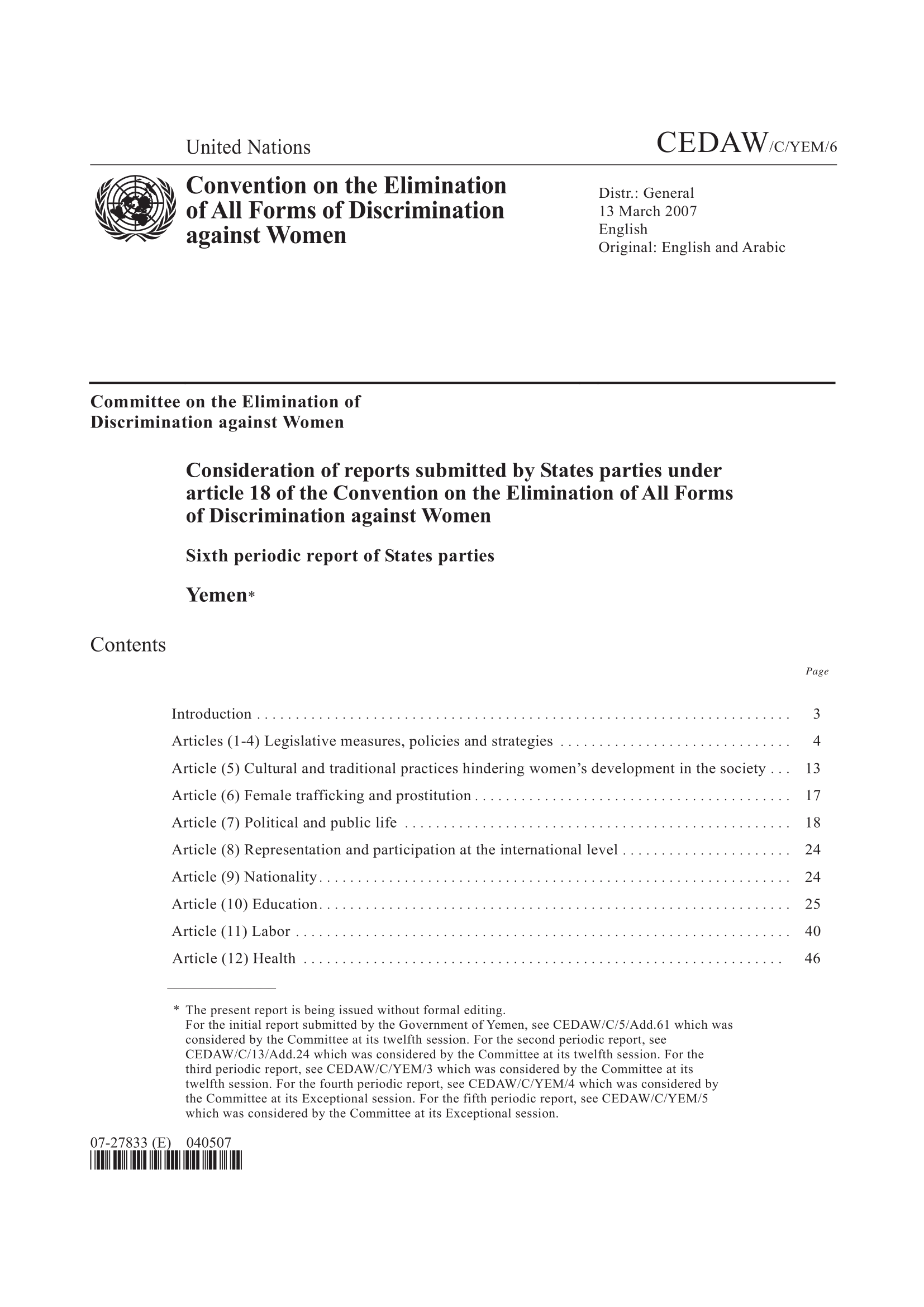 Sixth periodic report submitted by Yemen under Article 18 of the Convention (CEDAW)