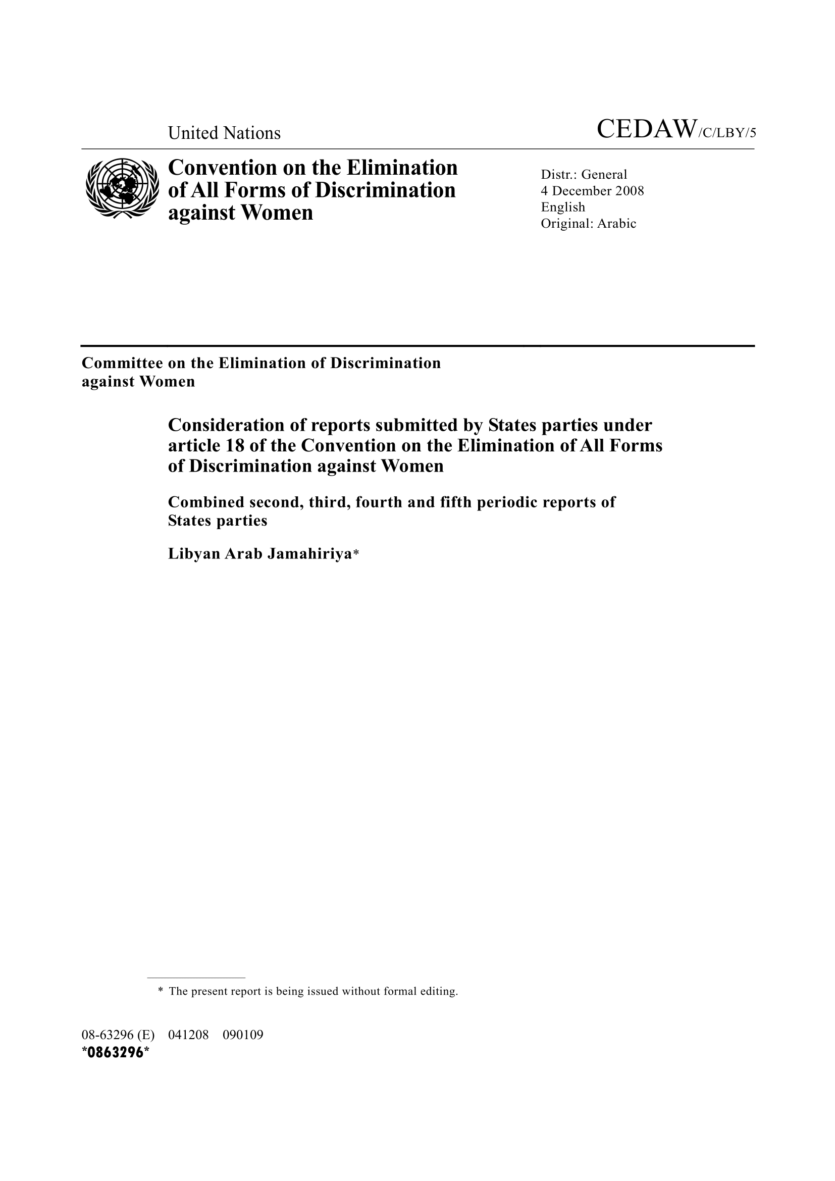 Consideration of the combined second, third, fourth and fifth periodic reports submitted by Libya under article 18 of the Convention (CEDAW)