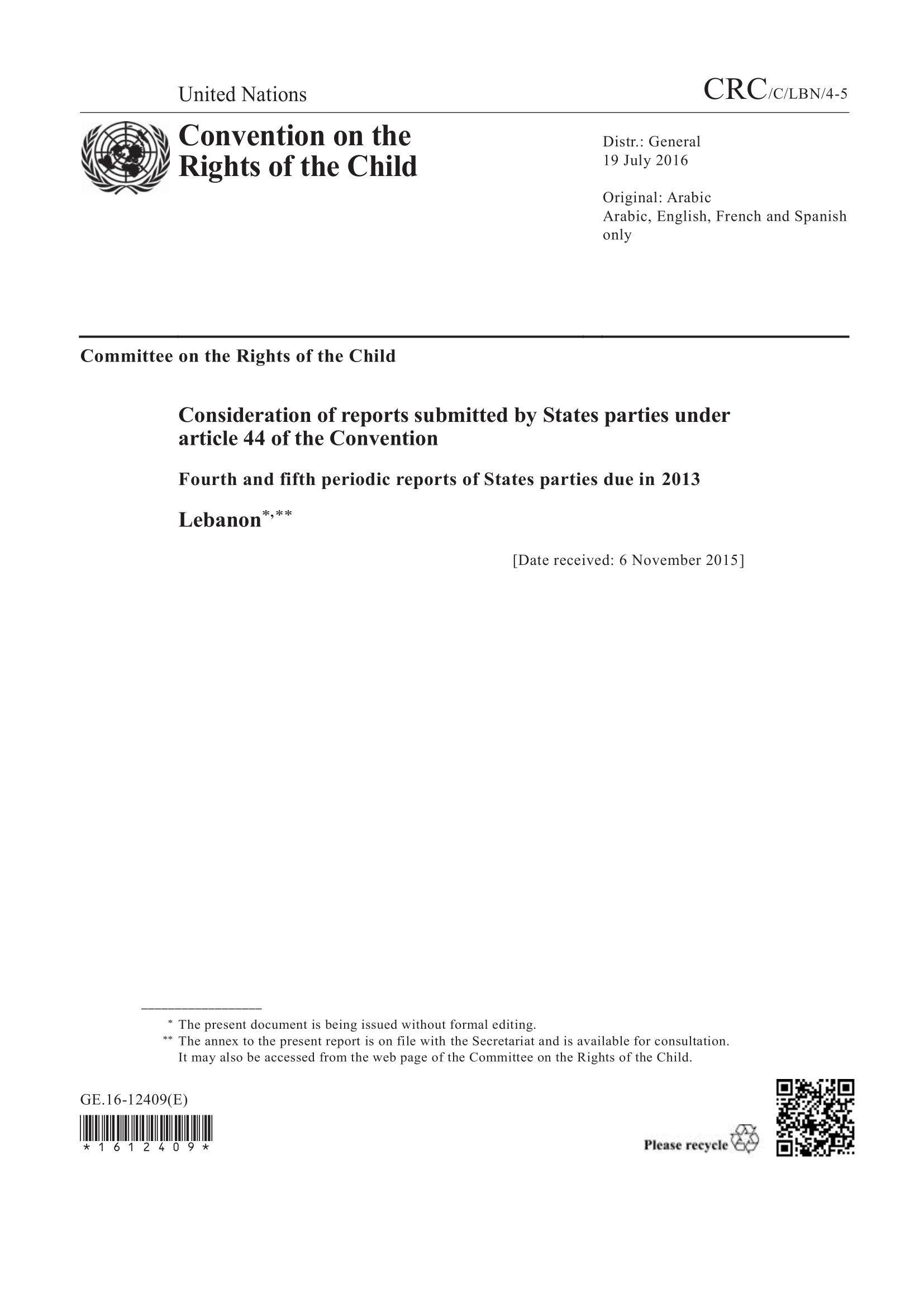 Fourth and fifth periodic reports submitted by Lebanon under article 44 of the Convention on the Rights of the Child