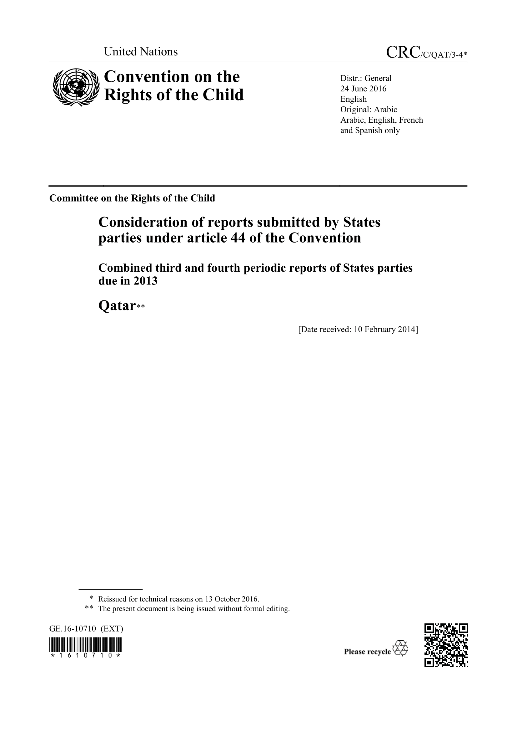 Consideration of the combined third and fourth periodic reports submitted by Qatar under article 44 of the Convention, due in 2013