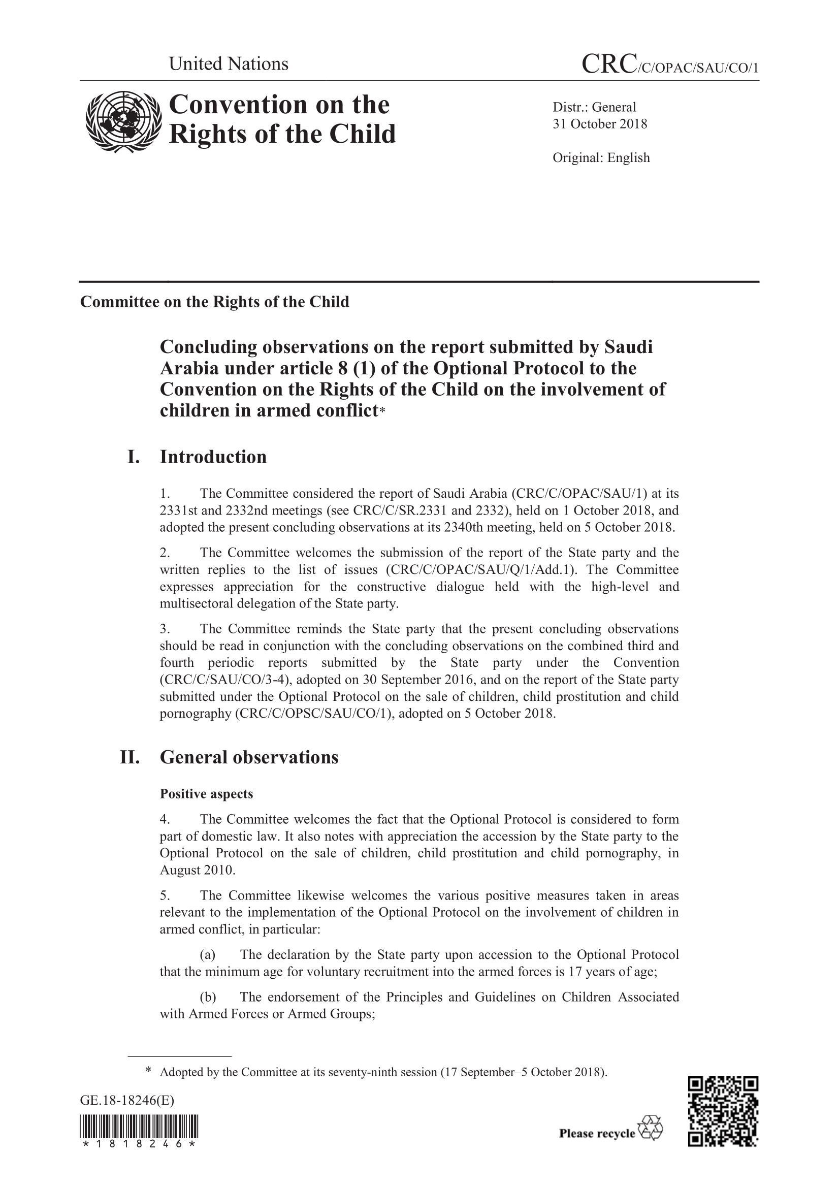 Concluding observations on the report submitted by Saudi Arabia under article 8 (1) of the Optional Protocol to the Convention on the Rights of the Child on the involvement of children in armed conflict