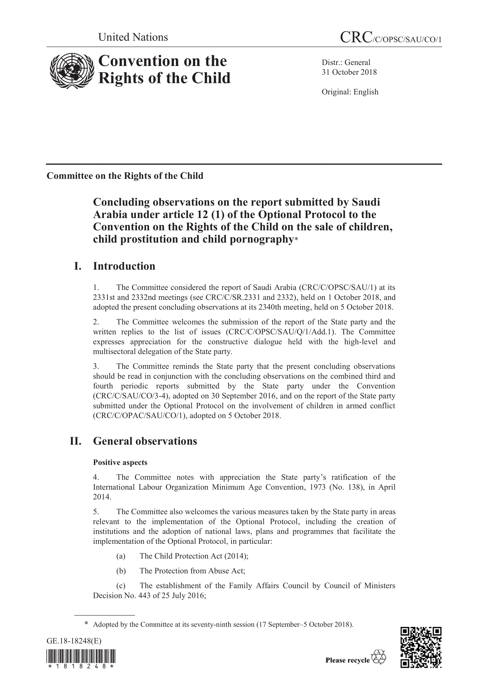 Concluding observations on the report submitted by Saudi Arabia under article 12 (1) of the Optional Protocol to the Convention on the Rights of the Child on the sale of children, child prostitution and child pornography