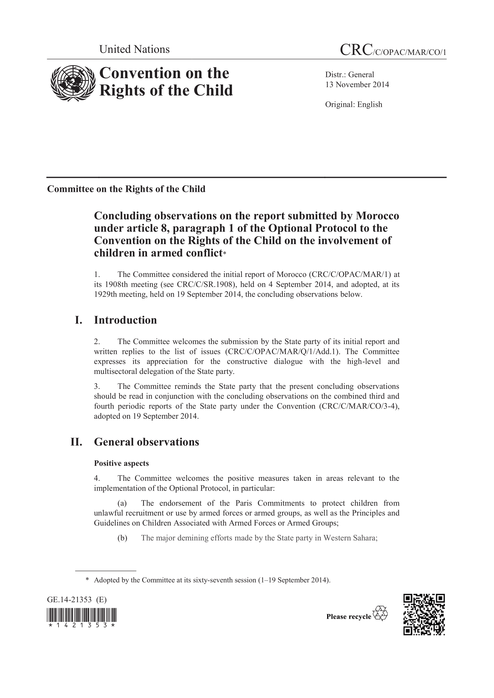 Concluding observations of the initial report submitted by Morocco under article 8, paragraph 1 of the Optional Protocol to the Convention on the Rights of the Child on the involvement of children in armed conflict