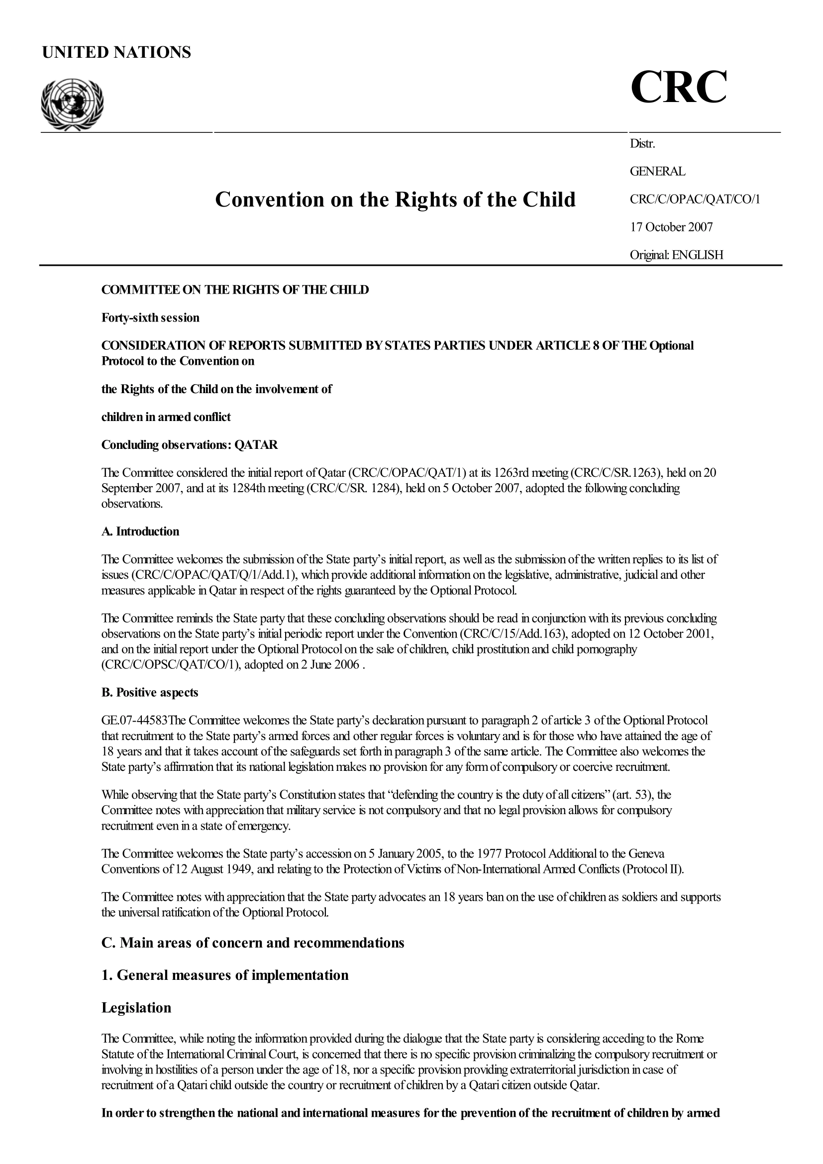 Concluding observations of the initial report submitted by Qatar under article 8 of the Optional Protocol to the Convention on the Rights of the Child on the involvement of children in armed conflict