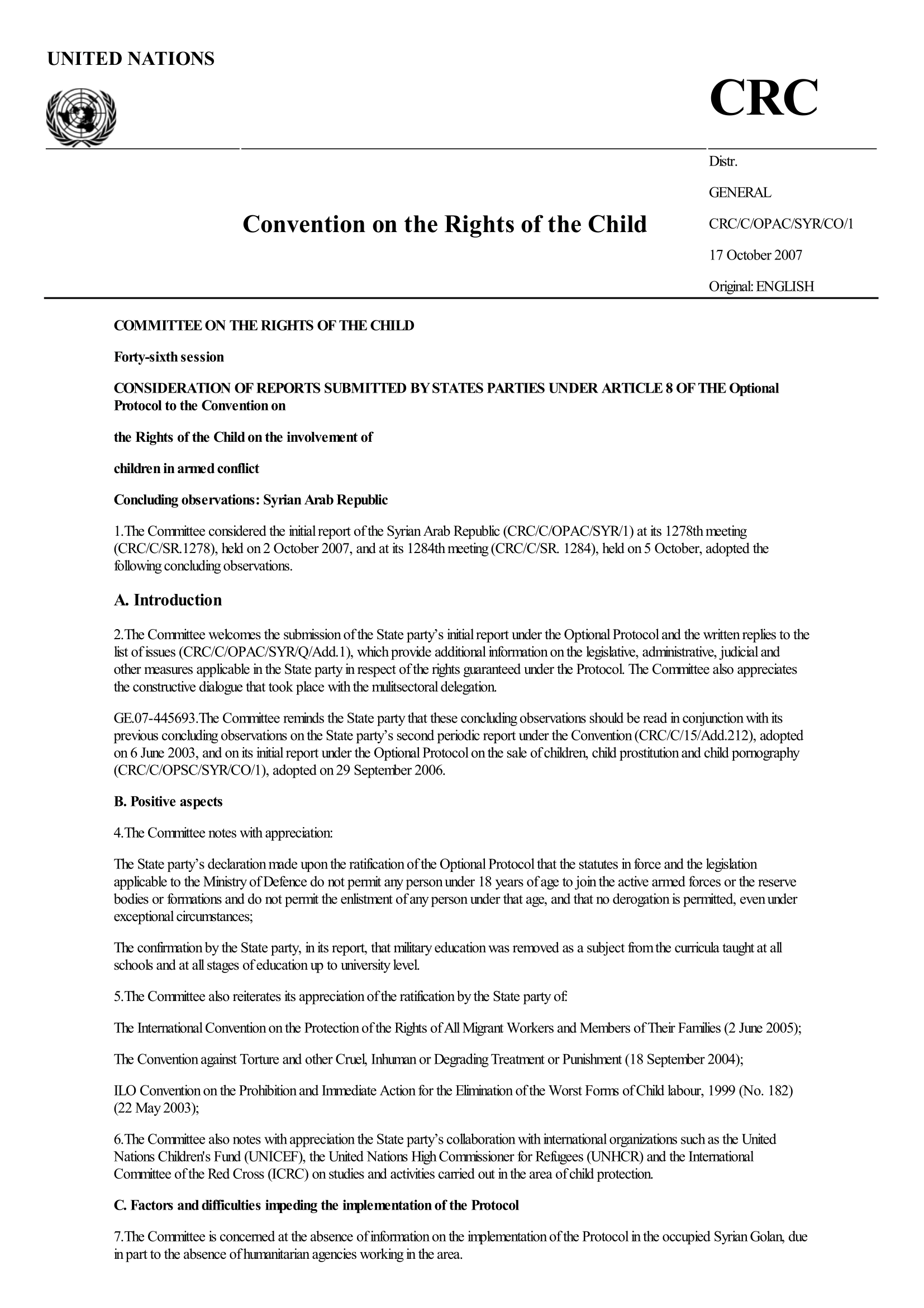 Concluding observations on the initial report submitted by the Syrian Arab Republic under article 8 of the Optional Protocol to the Convention on the Rights of the Child on the involvement of children in armed conflict