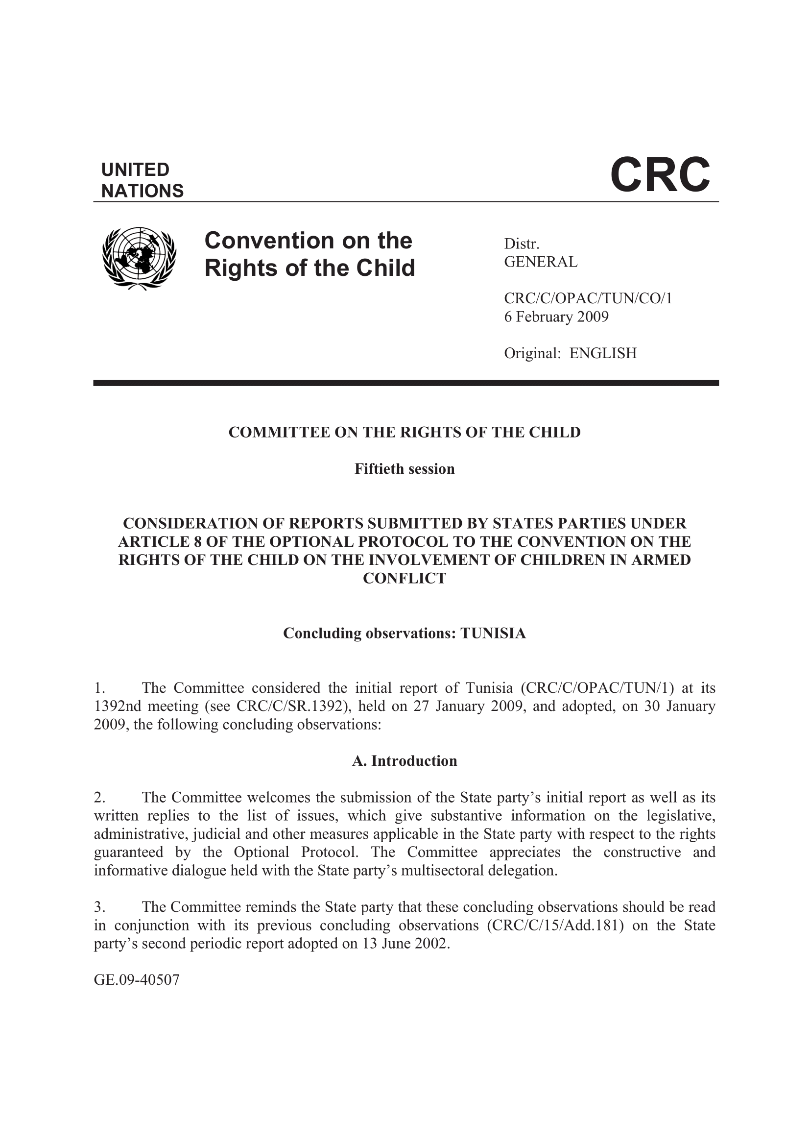 Concluding observations of the initial report submitted by Tunisia under article 8 of the Optional Protocol to the Convention on the Rights of the Child on the involvement of children in armed conflict