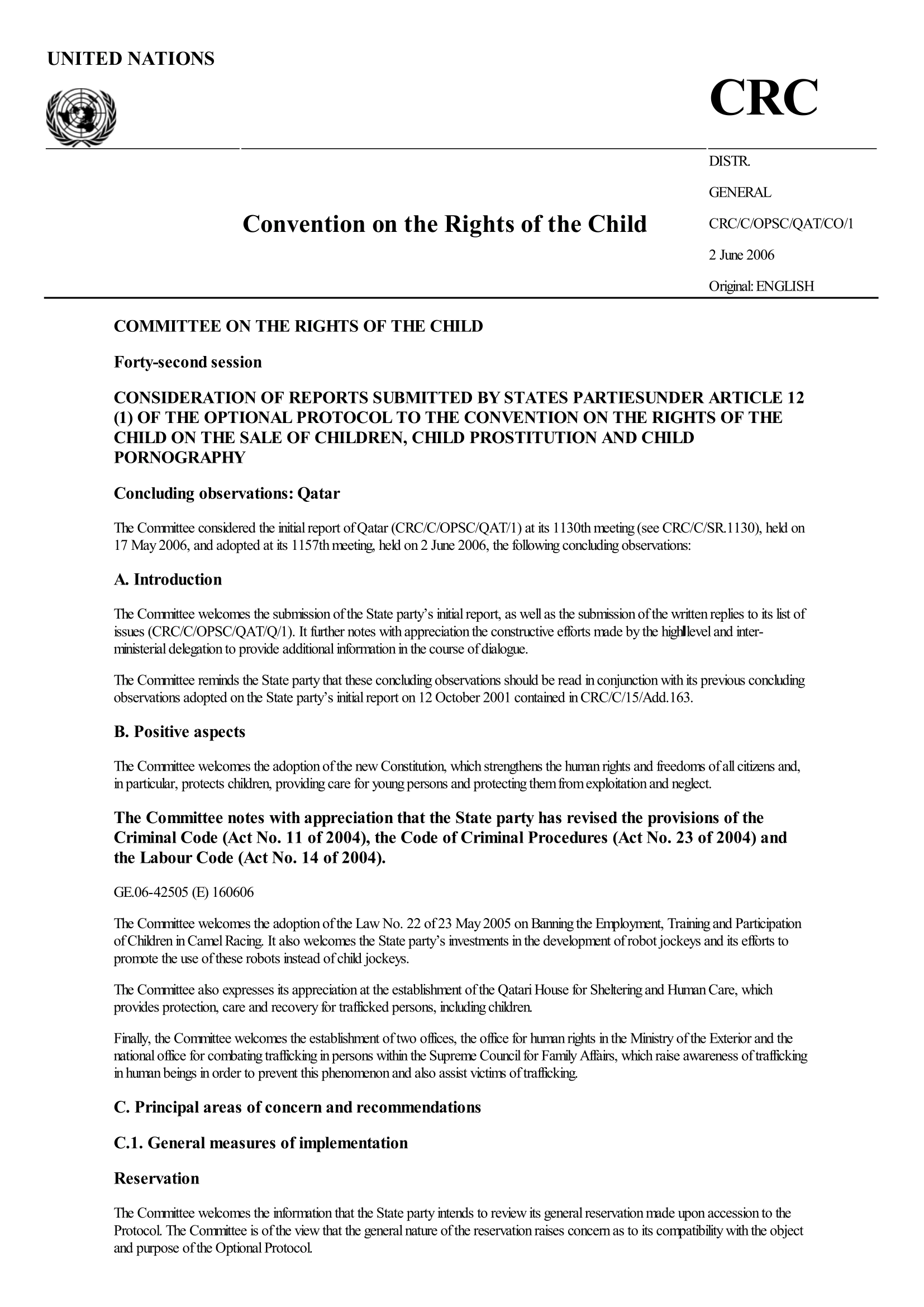 Concluding observations on the initial report submitted by Qatar under article 12 (1) of the Optional Protocol to the Convention on the Rights of the Child on the sale of children, child prostitution and child pornography