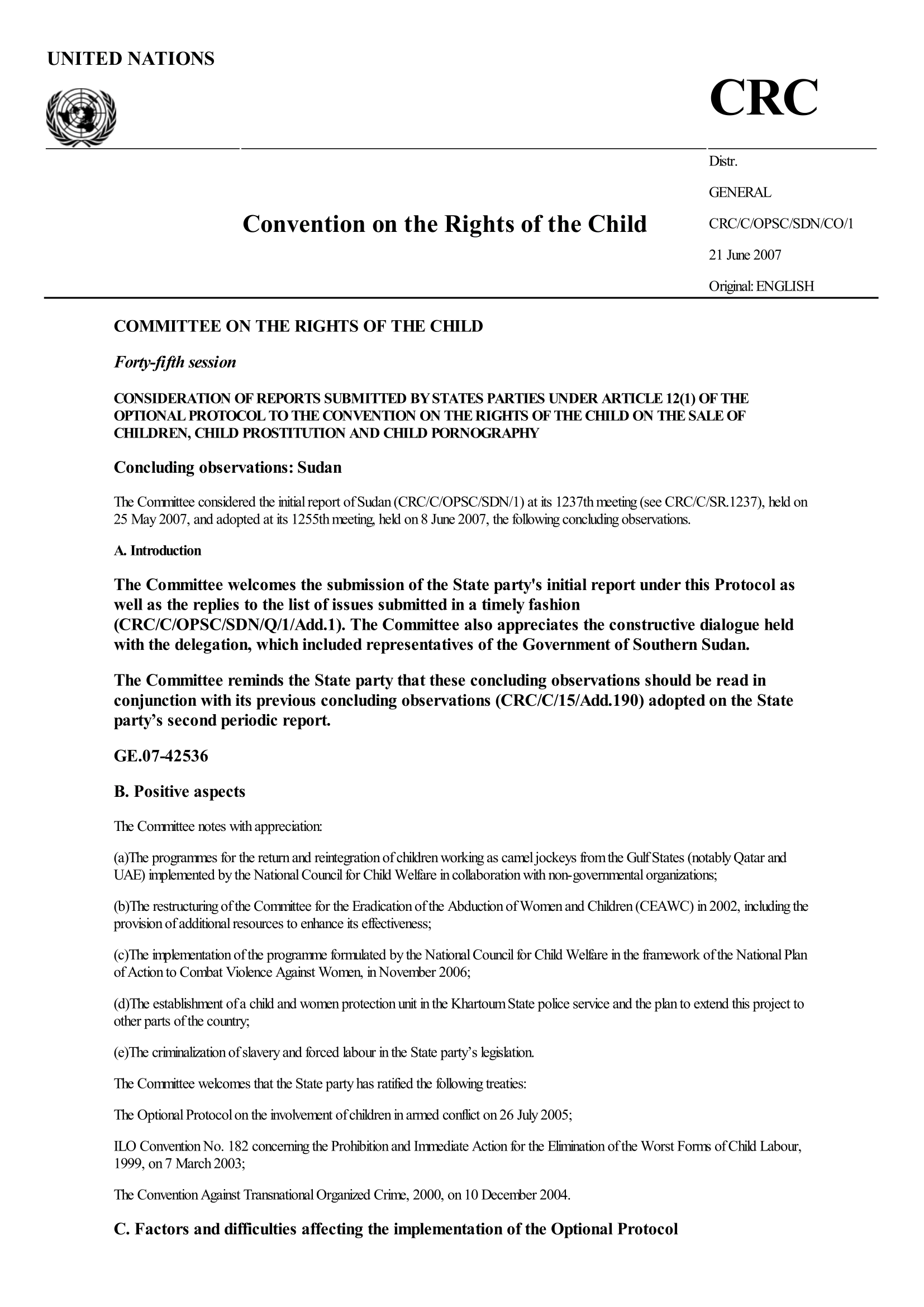 Concluding observations on the initial report submitted by the Sudan under article 12(1) of the Optional Protocol to the Convention on the Rights of the Child on the sale of children, child prostitution and child pornography