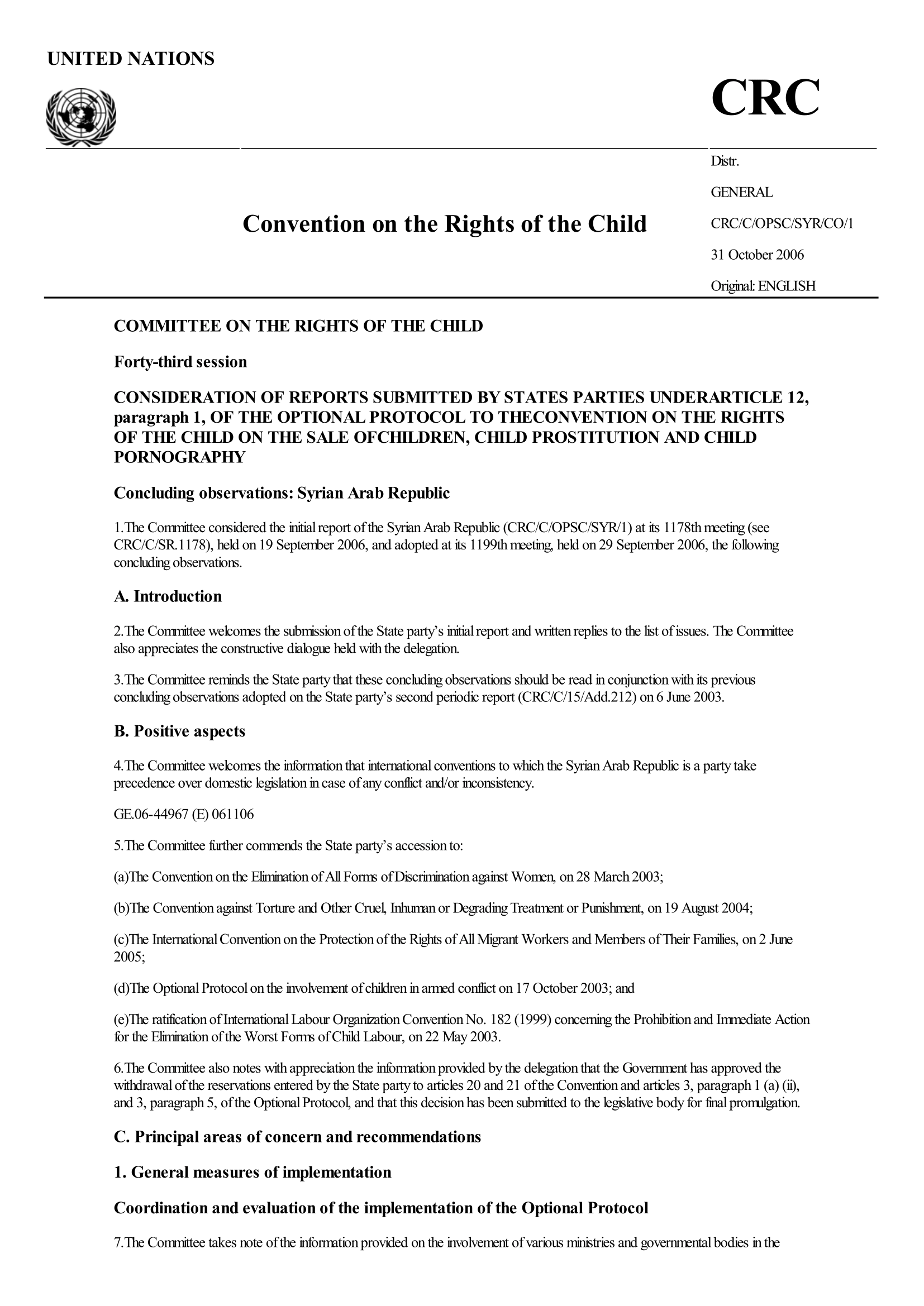 Concluding observations on the initial report submitted by the Syrian Arab Republic under article 12(1) of the Optional Protocol to the Convention on the Rights of the Child on the sale of children, child prostitution and child pornography