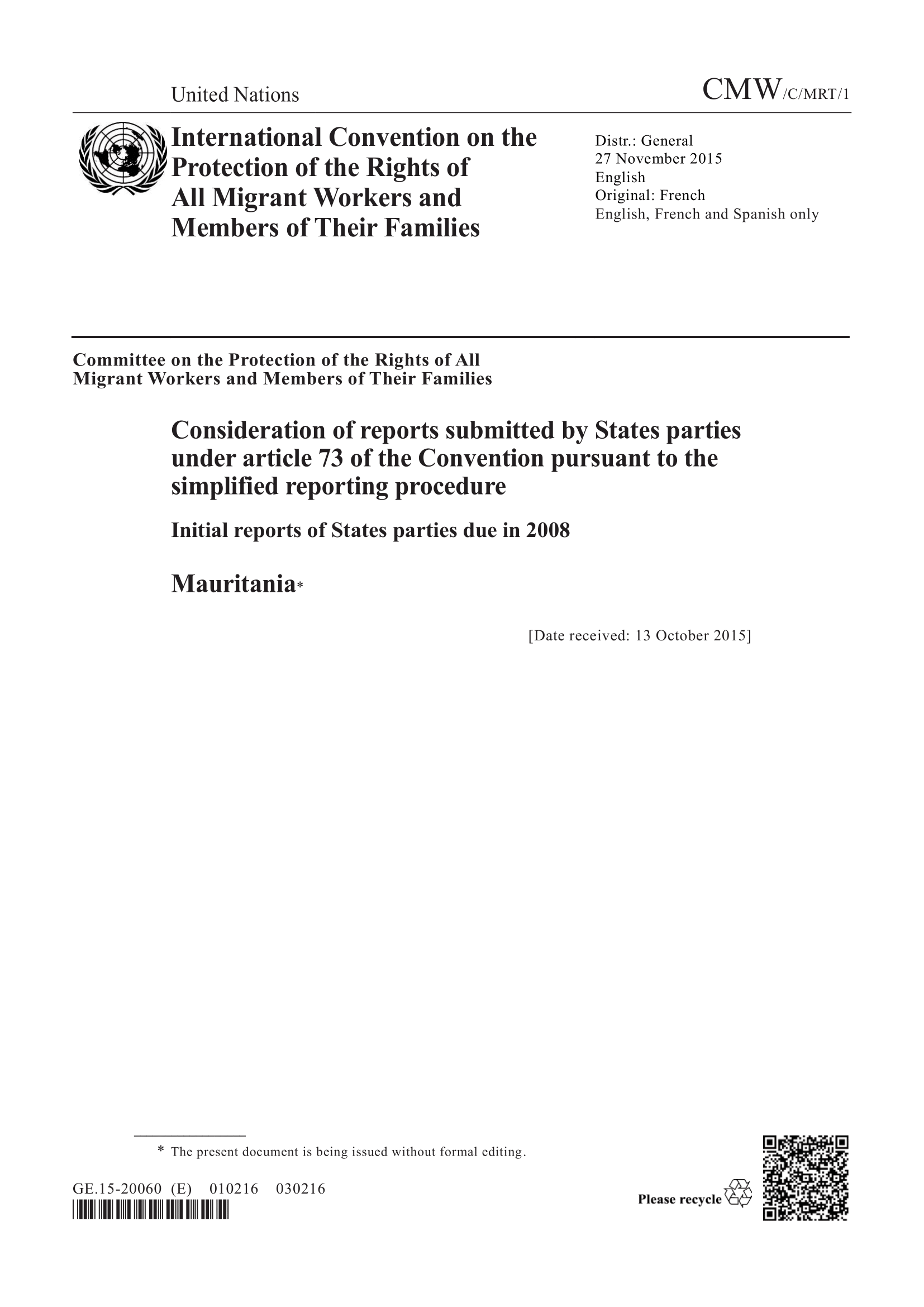 The initial report submitted by Mauritania under article 73 of the Convention pursuant to the simplified reporting procedure (CMW)